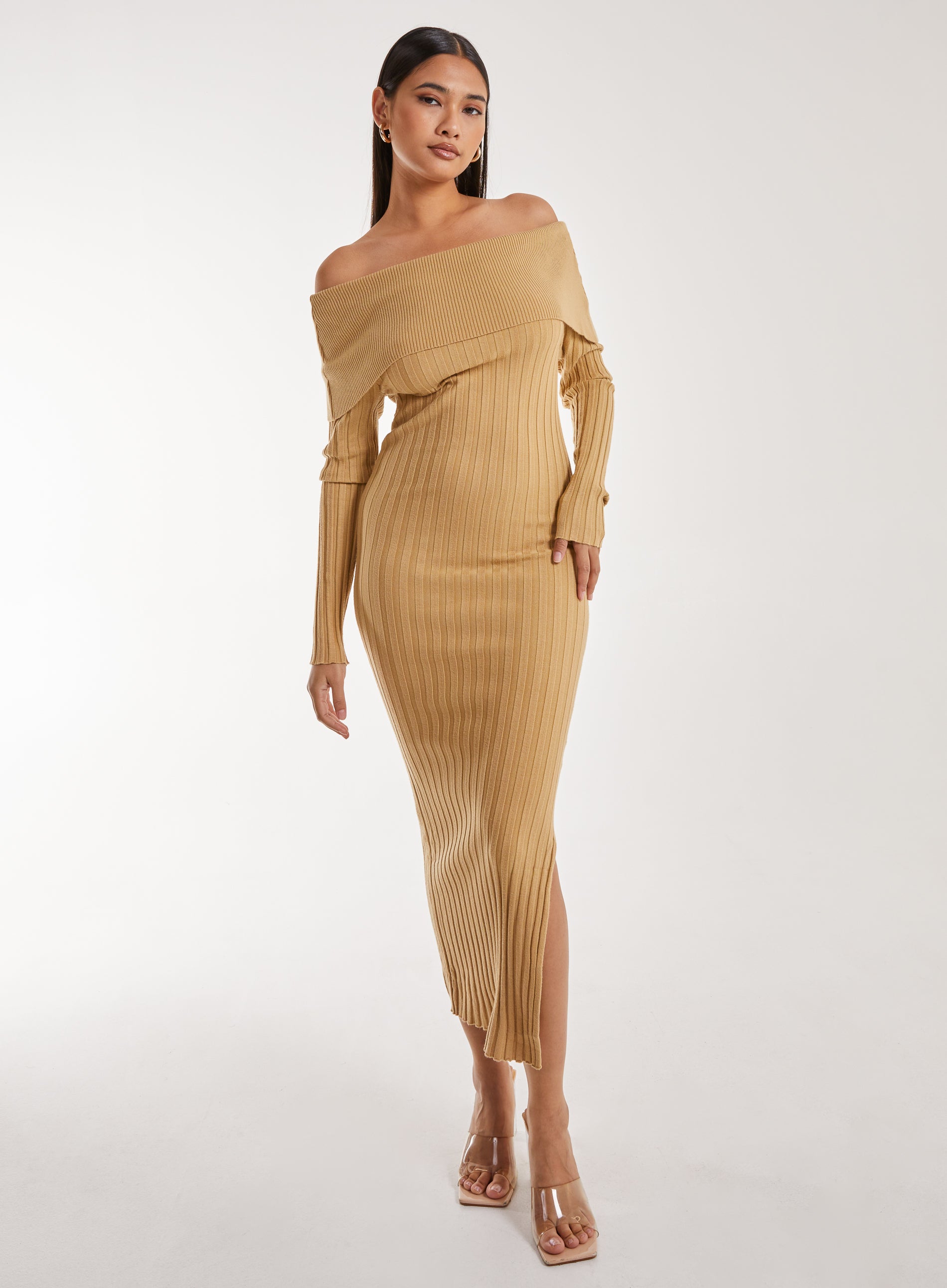 Pink Vanilla Womens Bardot Ribbed Knit Maxi Dress - Camel - Size Large