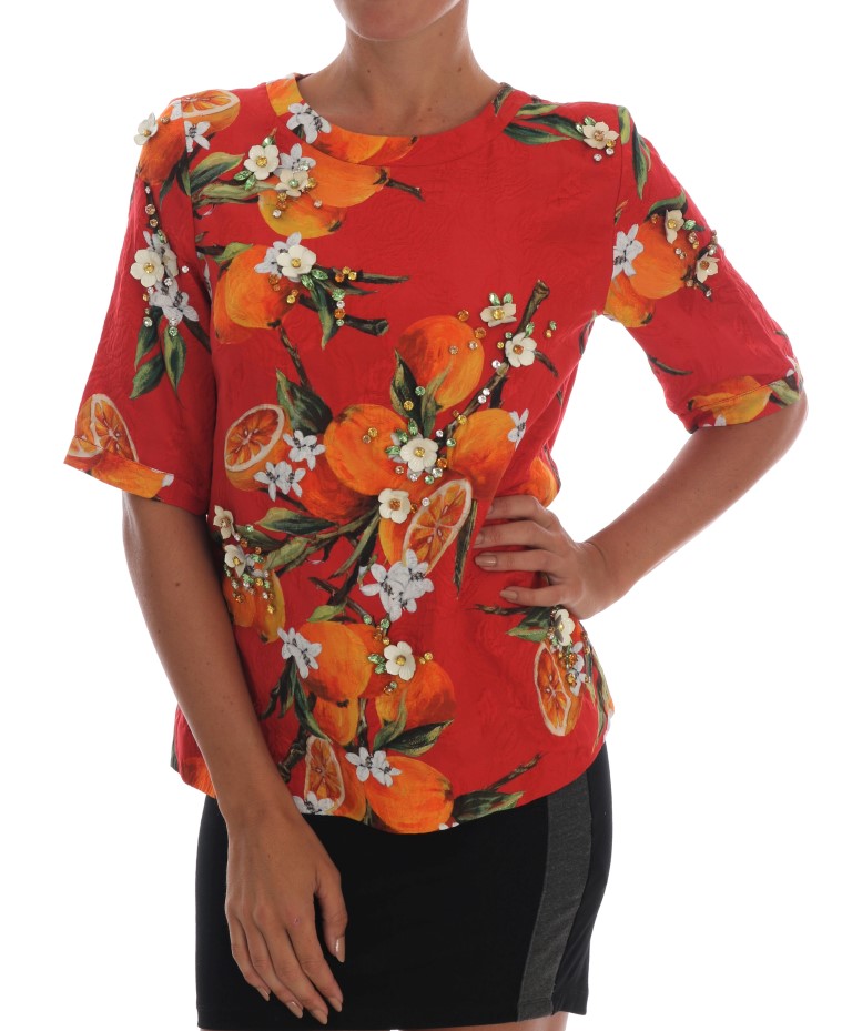 Thumbnail - Dolce & Gabbana Orange-Print Bluse mit Kristallverzierung