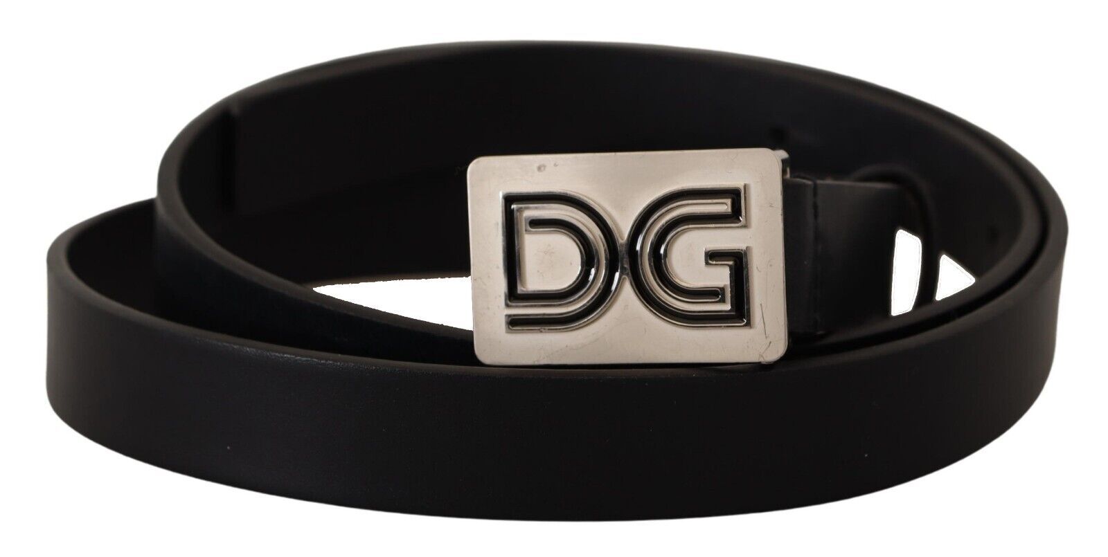 Dolce & Gabbana Mens Black Leather Silver DG Logo Buckle Belt - Size 90 cm