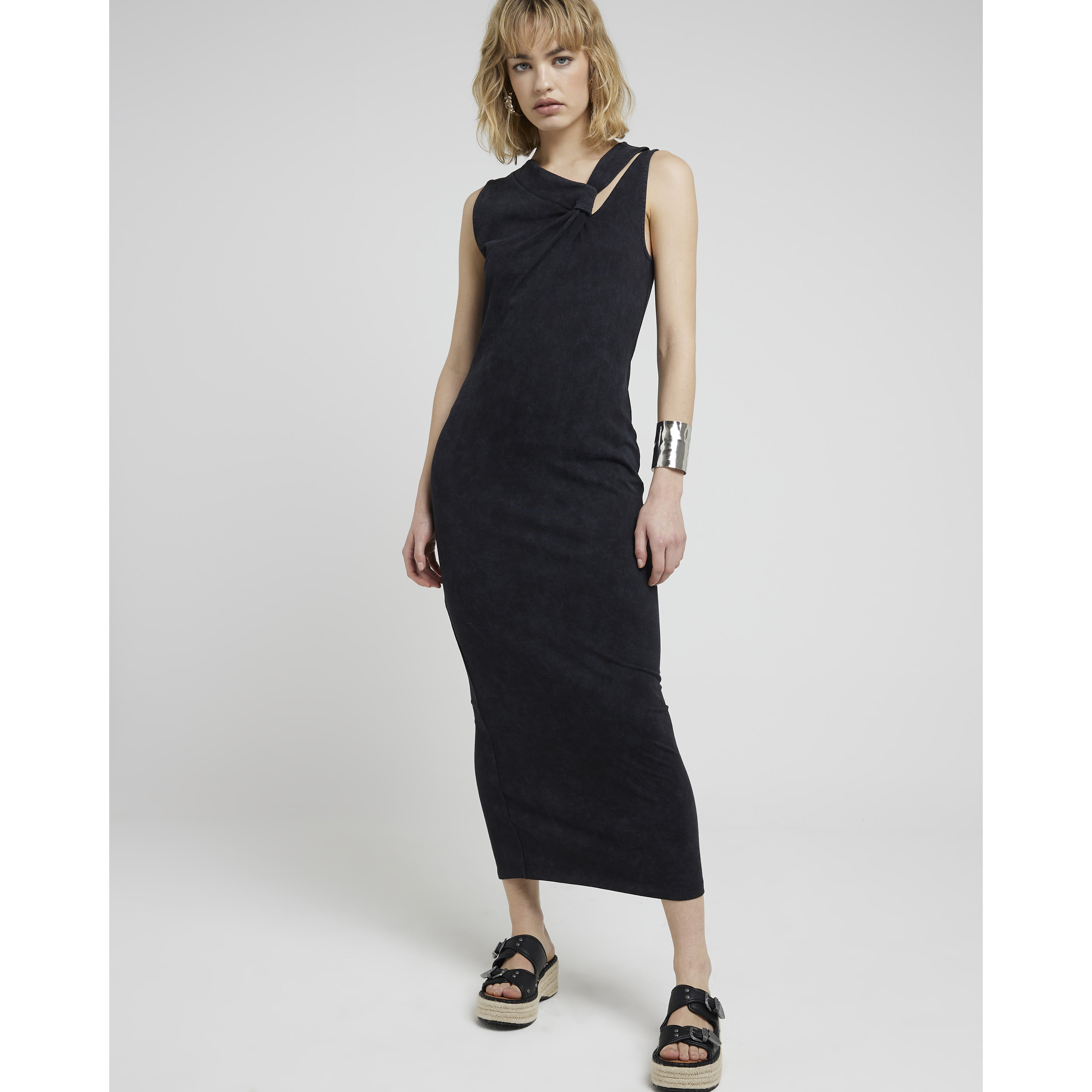 River Island Womens Bodycon Maxi Dress Grey Knot Detail Cotton - Size 8 UK