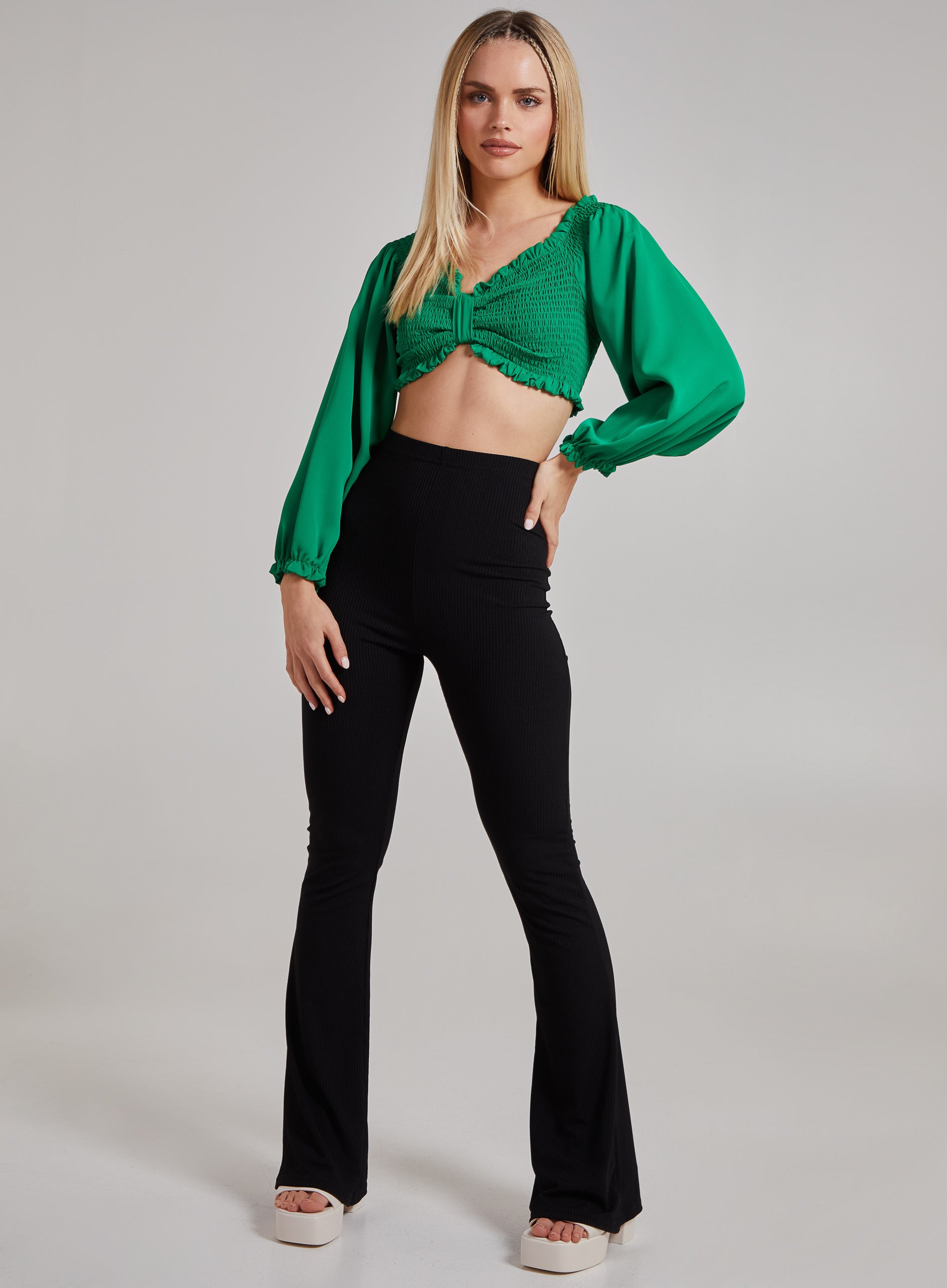 Pink Vanilla Womens Twist Front Balloon Sleeve Crop Top - Green - Size Large