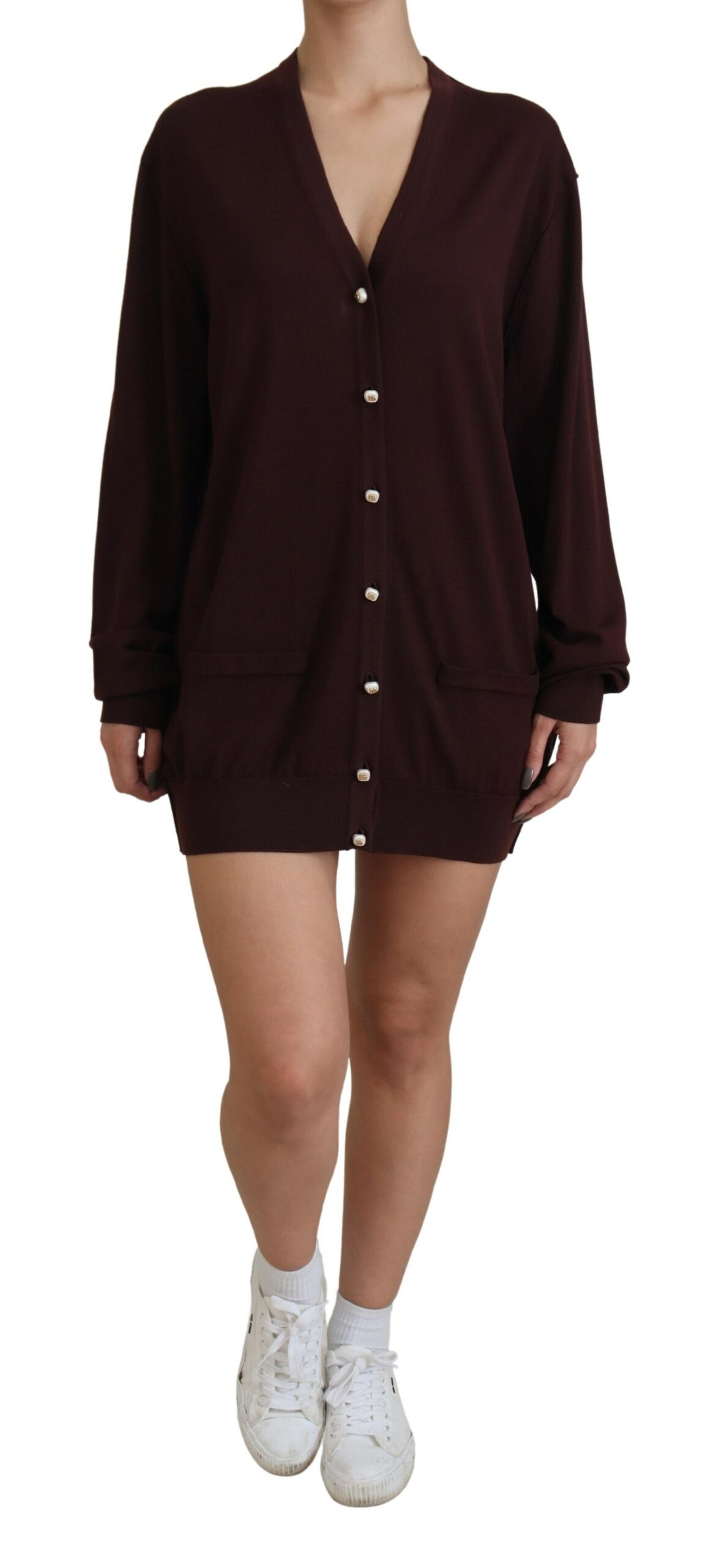 Dolce & Gabbana Womens Wool Knit V-neck Cardigan Sweater - Maroon - Size IT 40 (Women's)