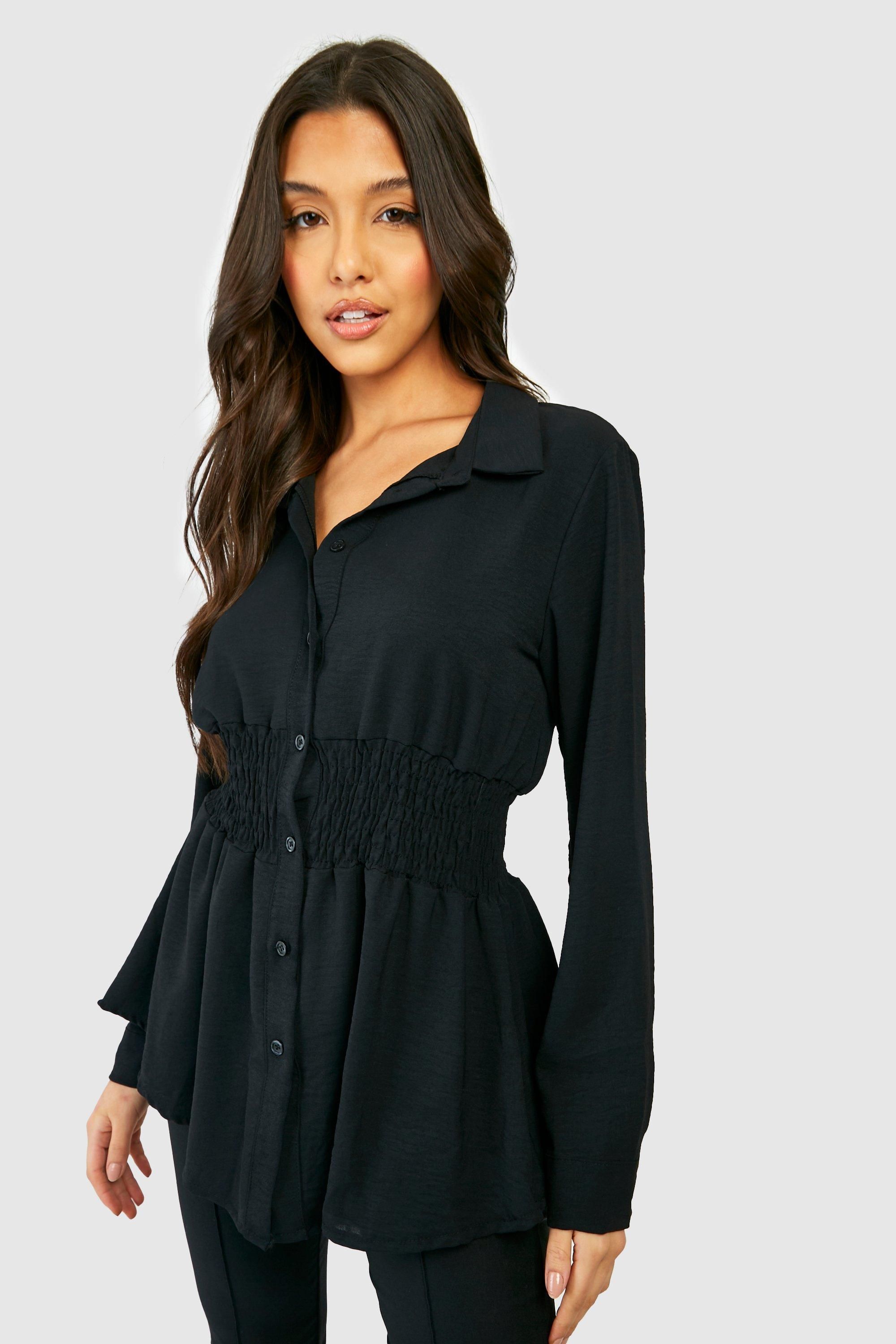 Boohoo Womens Hammered Shirred Waist Shirt - Black - Size 10 UK