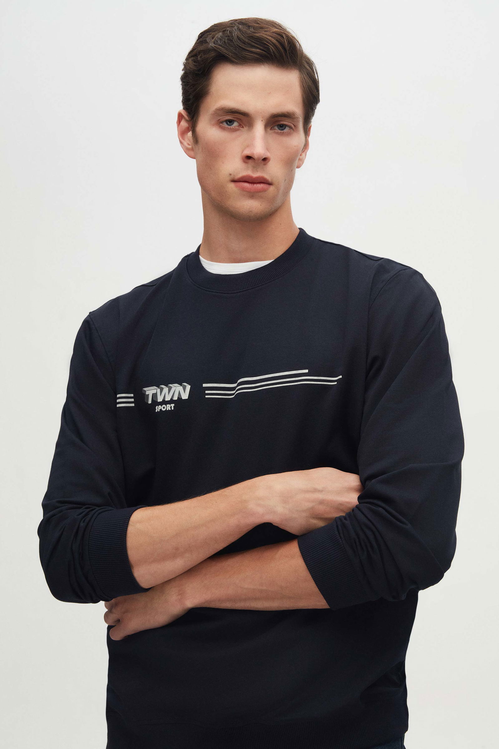 Thumbnail - Marineblauer Bedruckter Pullover - Lockerer Schnitt