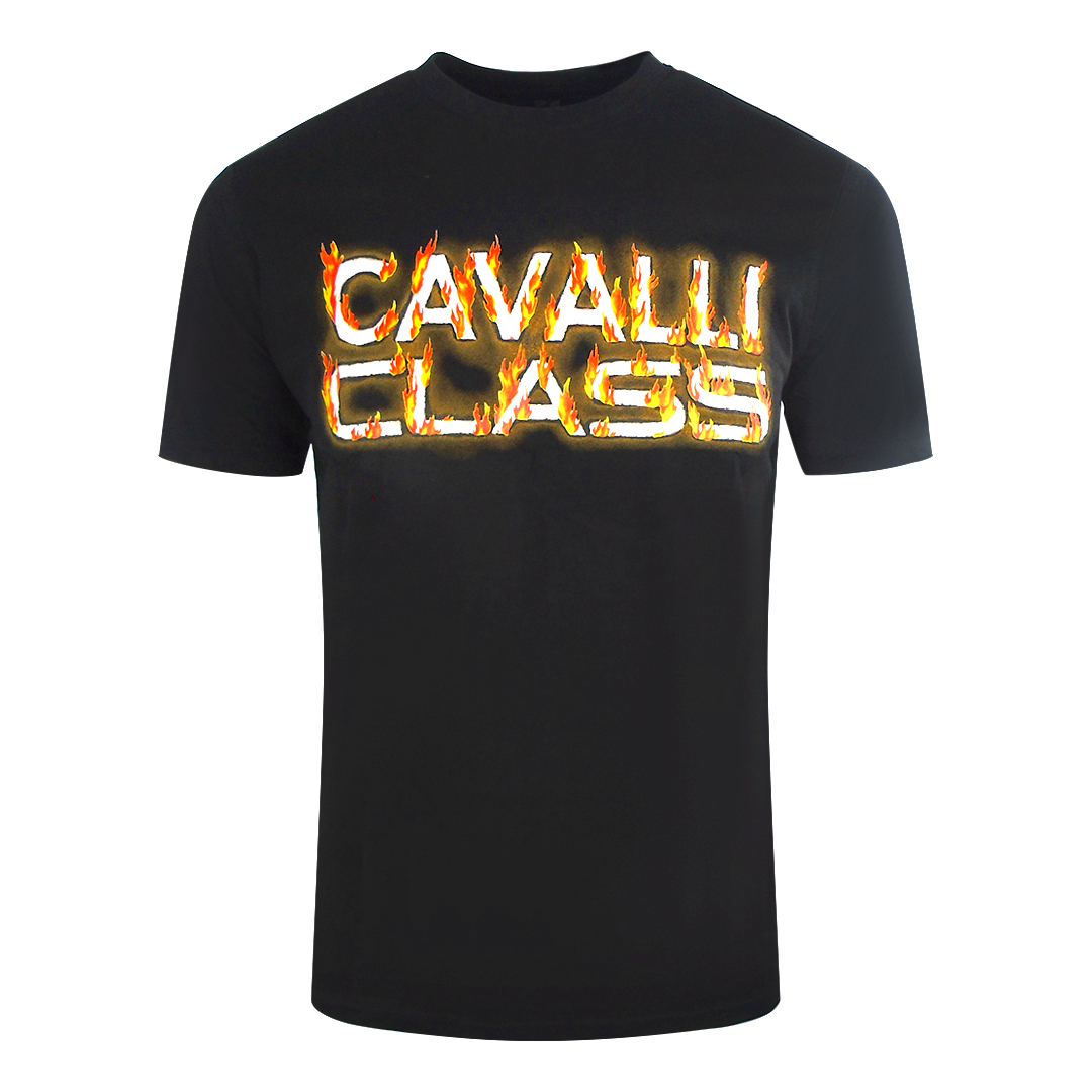 Cavalli Class Mens Flaming Logo Black T-Shirt Cotton - Size 2XL