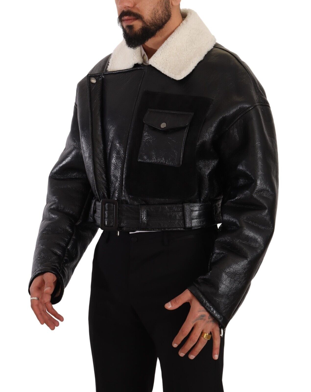 Dolce&Gabbana Herrarnas Svart Läder Shearling Bikerjacka – bild 2
