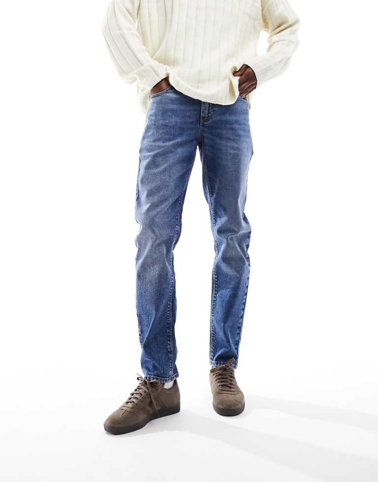 ASOS DESIGN Mens tapered with stretch jeans in dark wash blue - Size 31W/34L