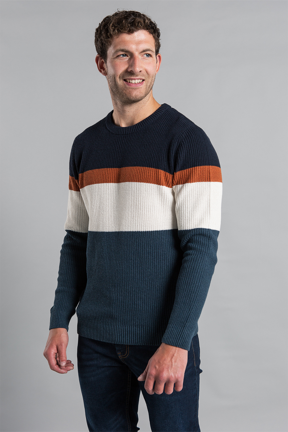 Kensington Eastside Mens Navy Striped Waffle Knit Jumper With Crew Neck - Size X-Large