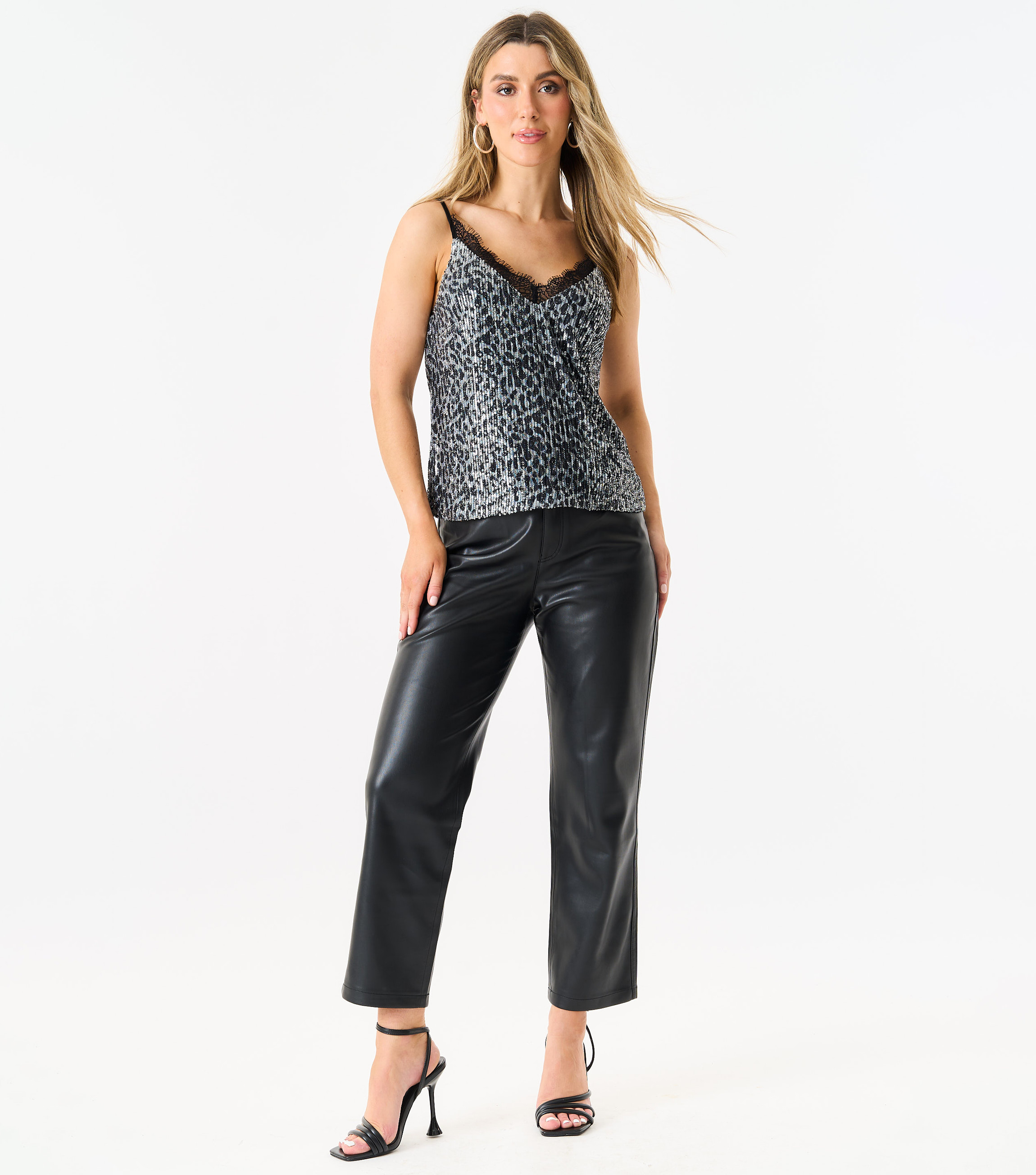 Thumbnail - Graues Tier Pailletten Spitzenbesatz Cami Top