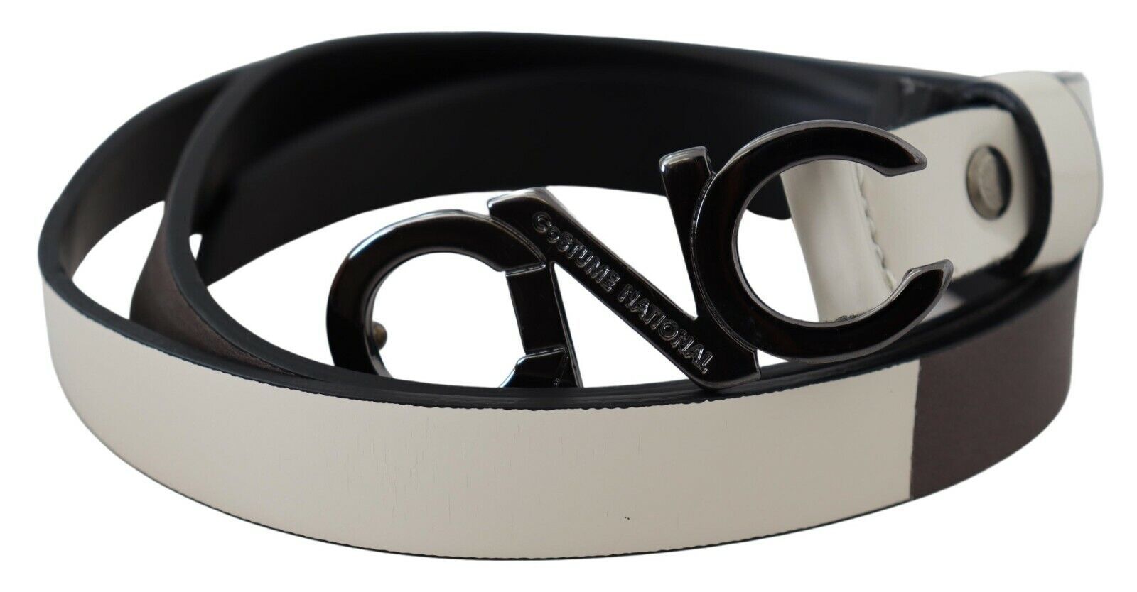Costume National WoMens White Black Leather Letter Logo Buckle Belt - Size 90 cm
