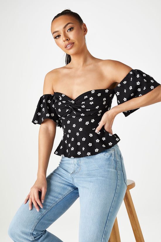 Urban Bliss Womens BLACK PATTERN SOPHIE FLORAL FRONT BARDOT TOP - Size 10 UK