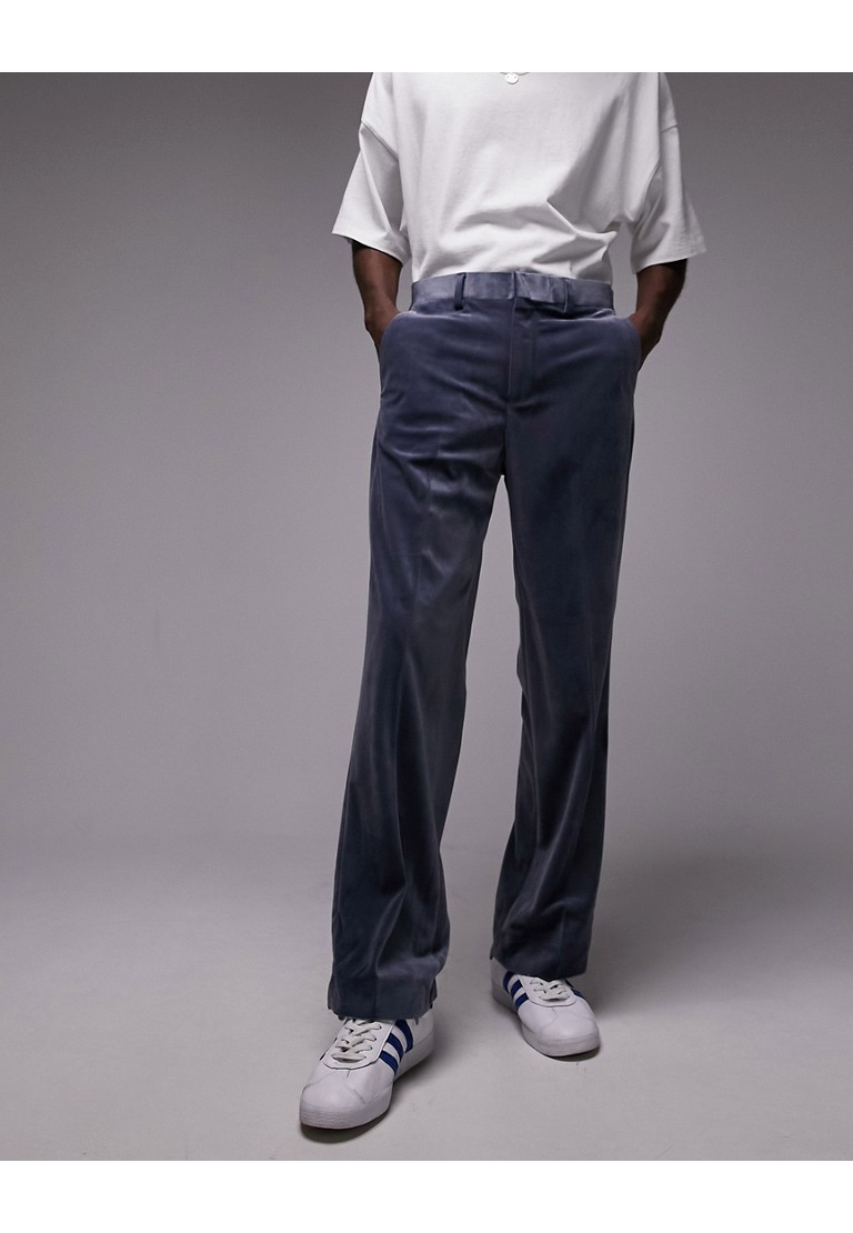 Topman Mens wide leg velvet trousers in blue - Sky Blue - Size 36W/32L