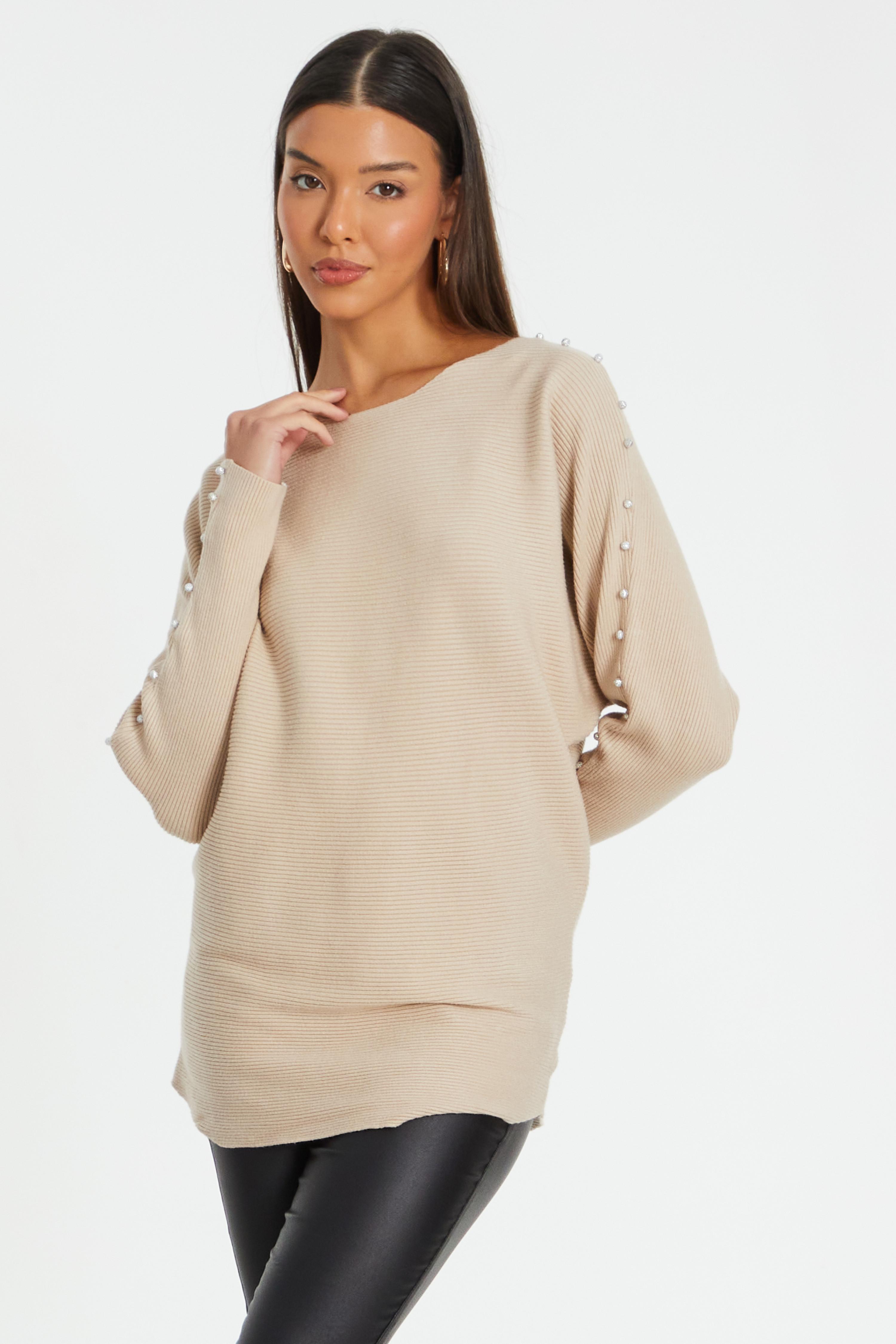 Quiz Womens Stone Knitted Beaded Batwing Jumper - Size Large
