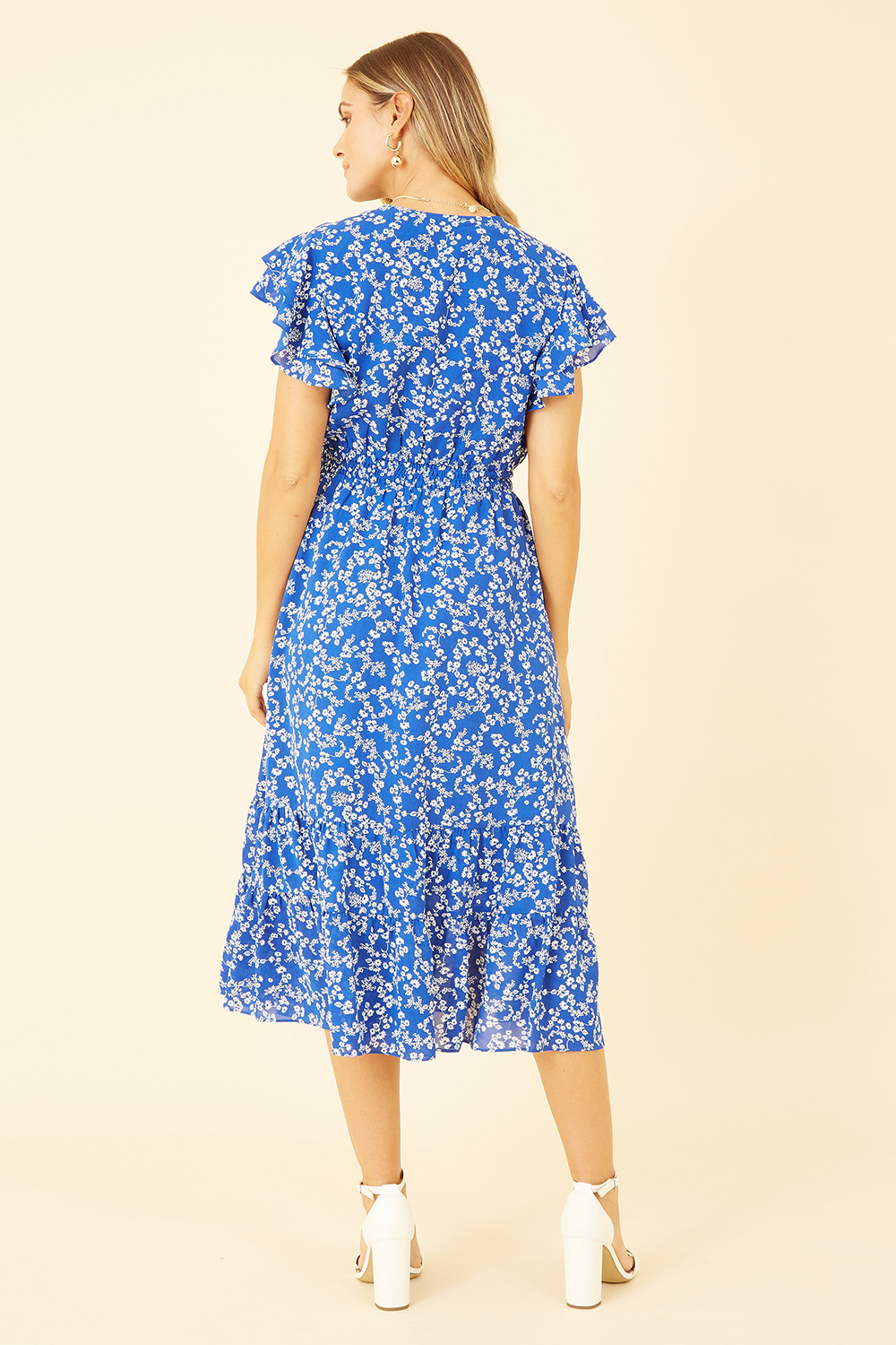 Women Blue Sleeve Frill Detail Midi Dress
