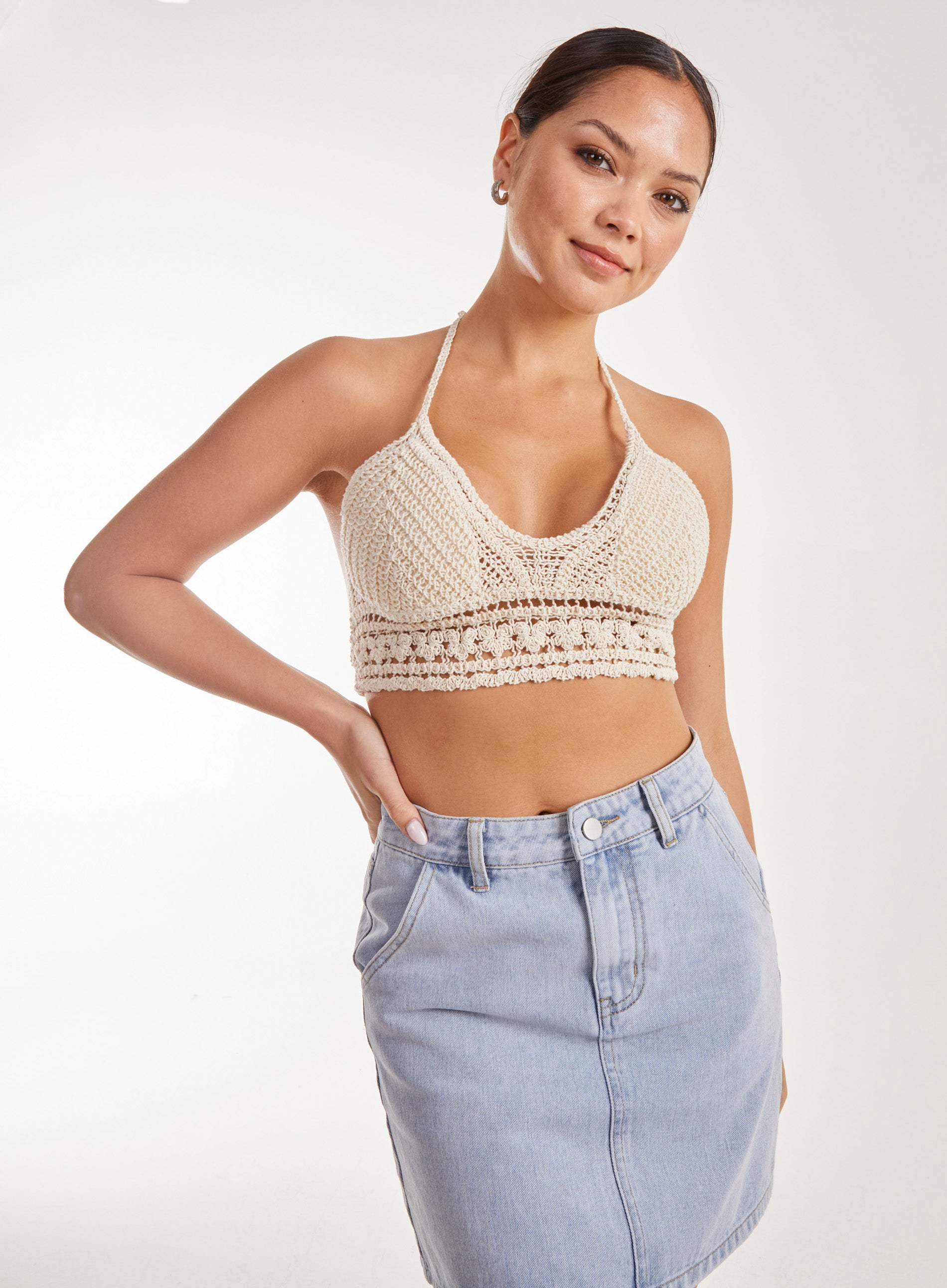 Pink Vanilla Womens Crochet Bralette - Stone - One Size