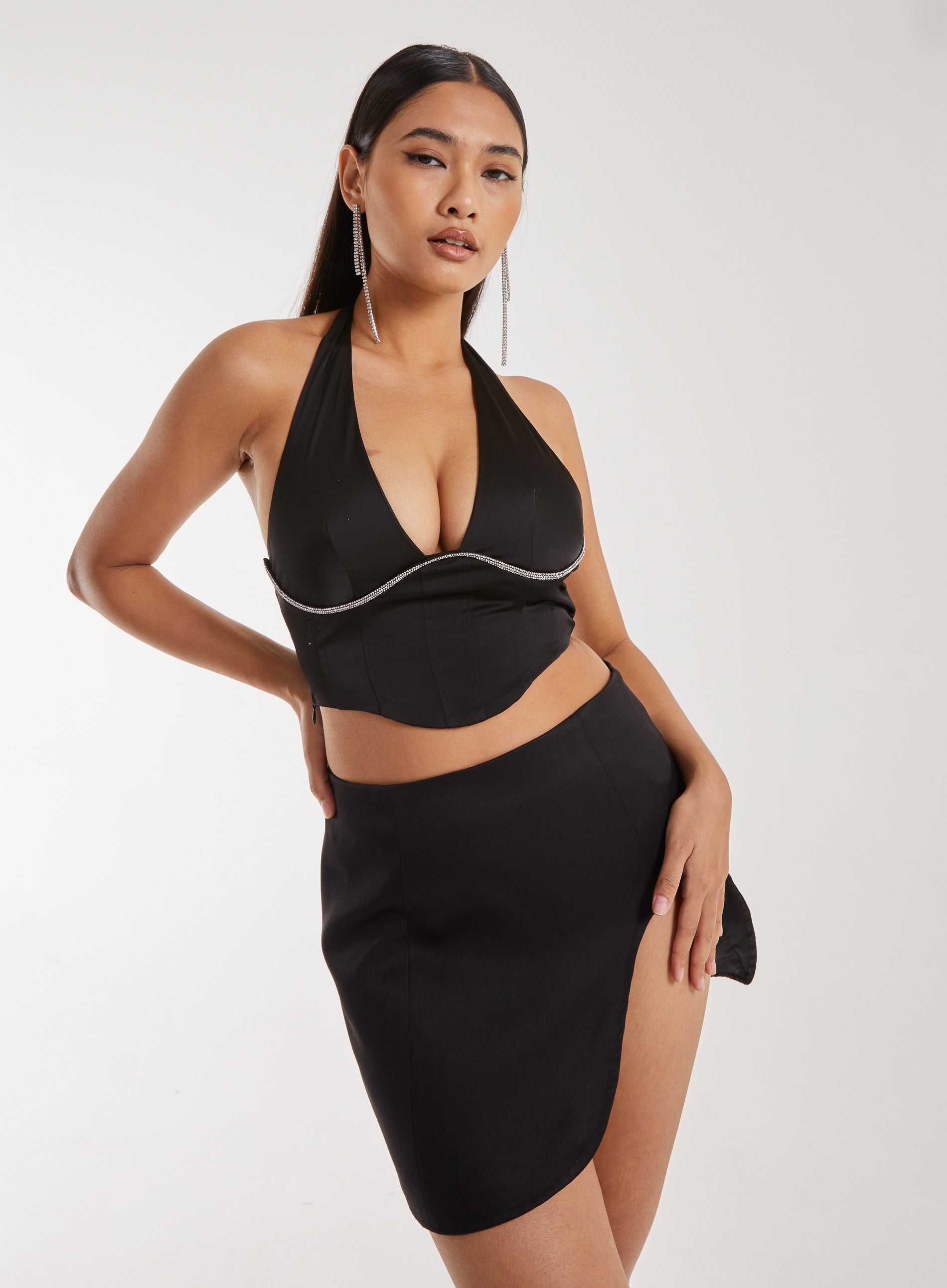 Pink Vanilla Womens Diamante Halter Neck Top - Black - Size 10 UK