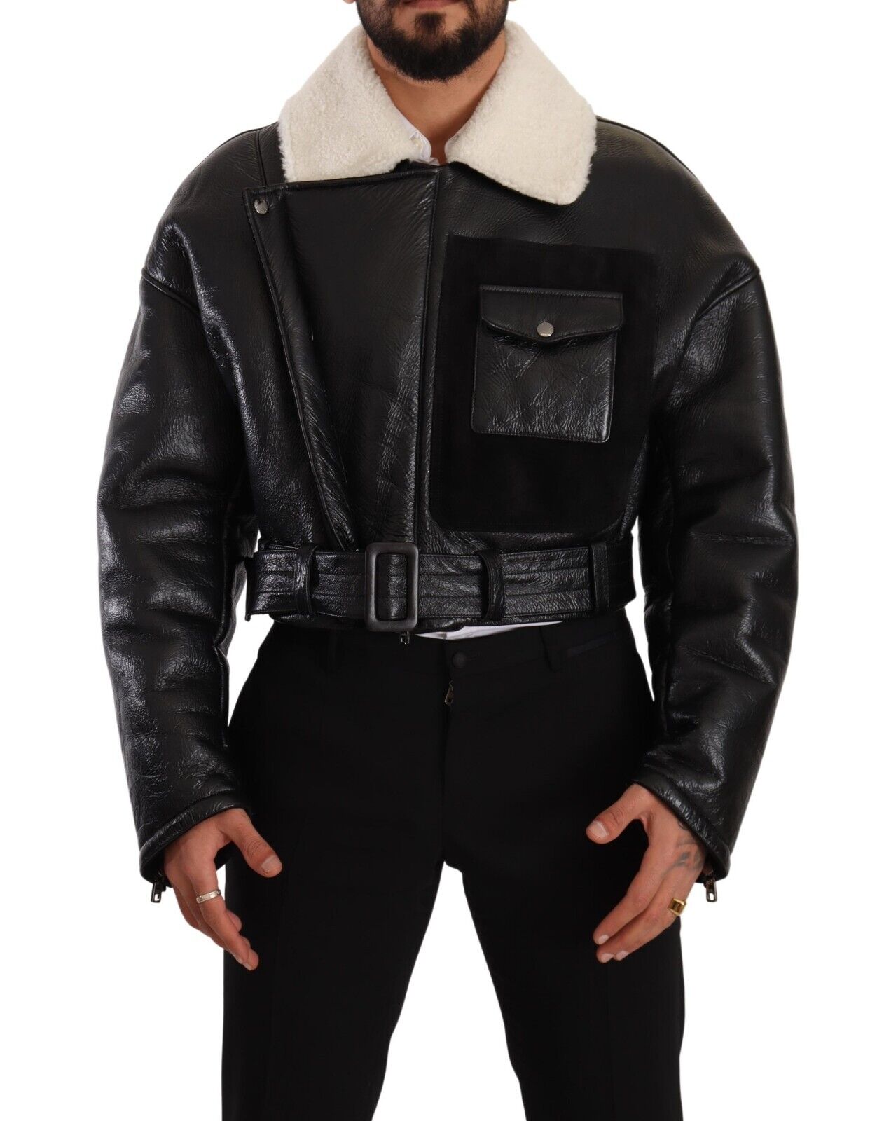 Dolce & Gabbana Herren schwarze Leder-Schaffell-Bikerjacke