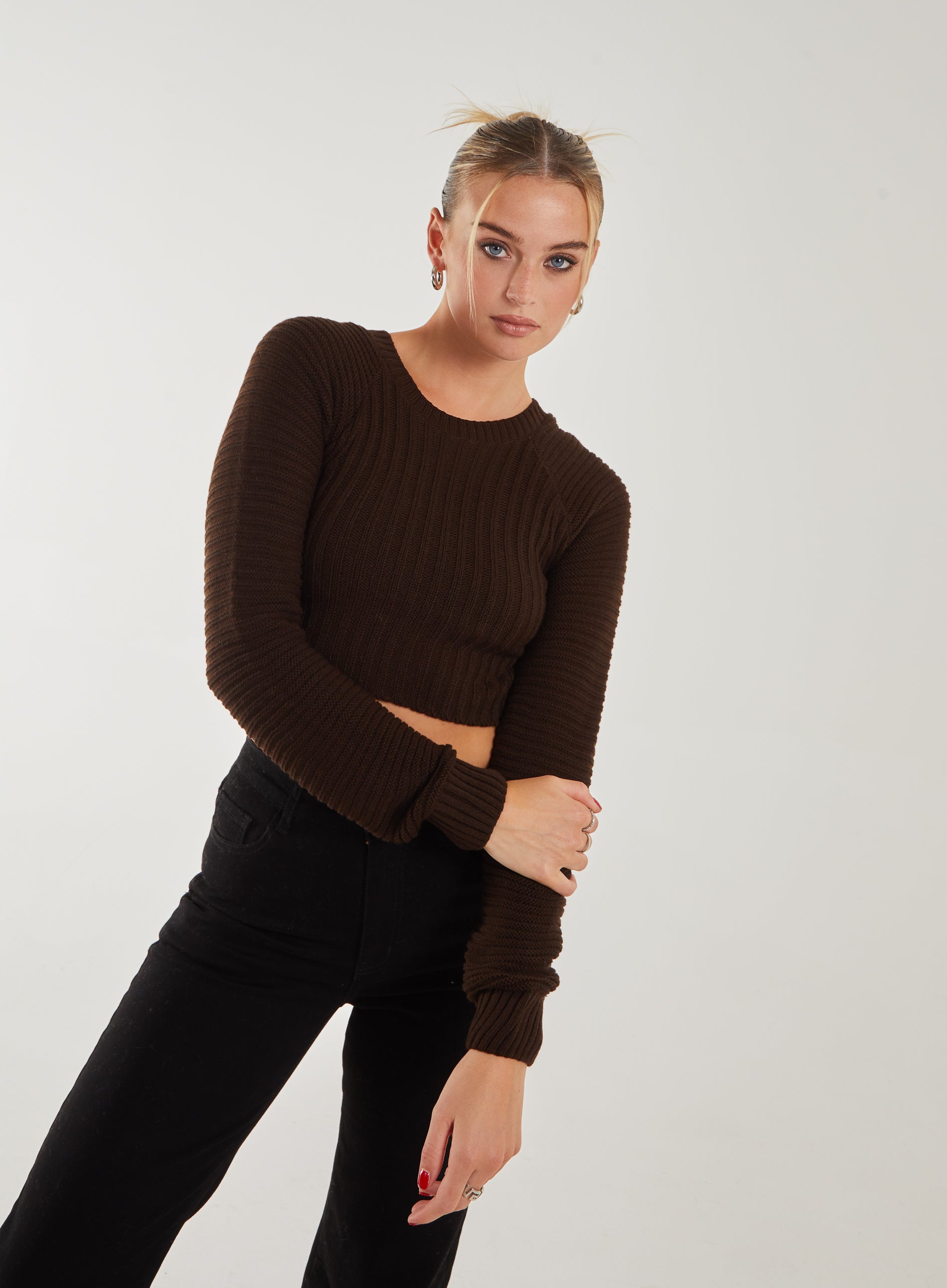 Pink Vanilla Women's Cropped Knit Jumper in Chocolate | Size: Small/Medium