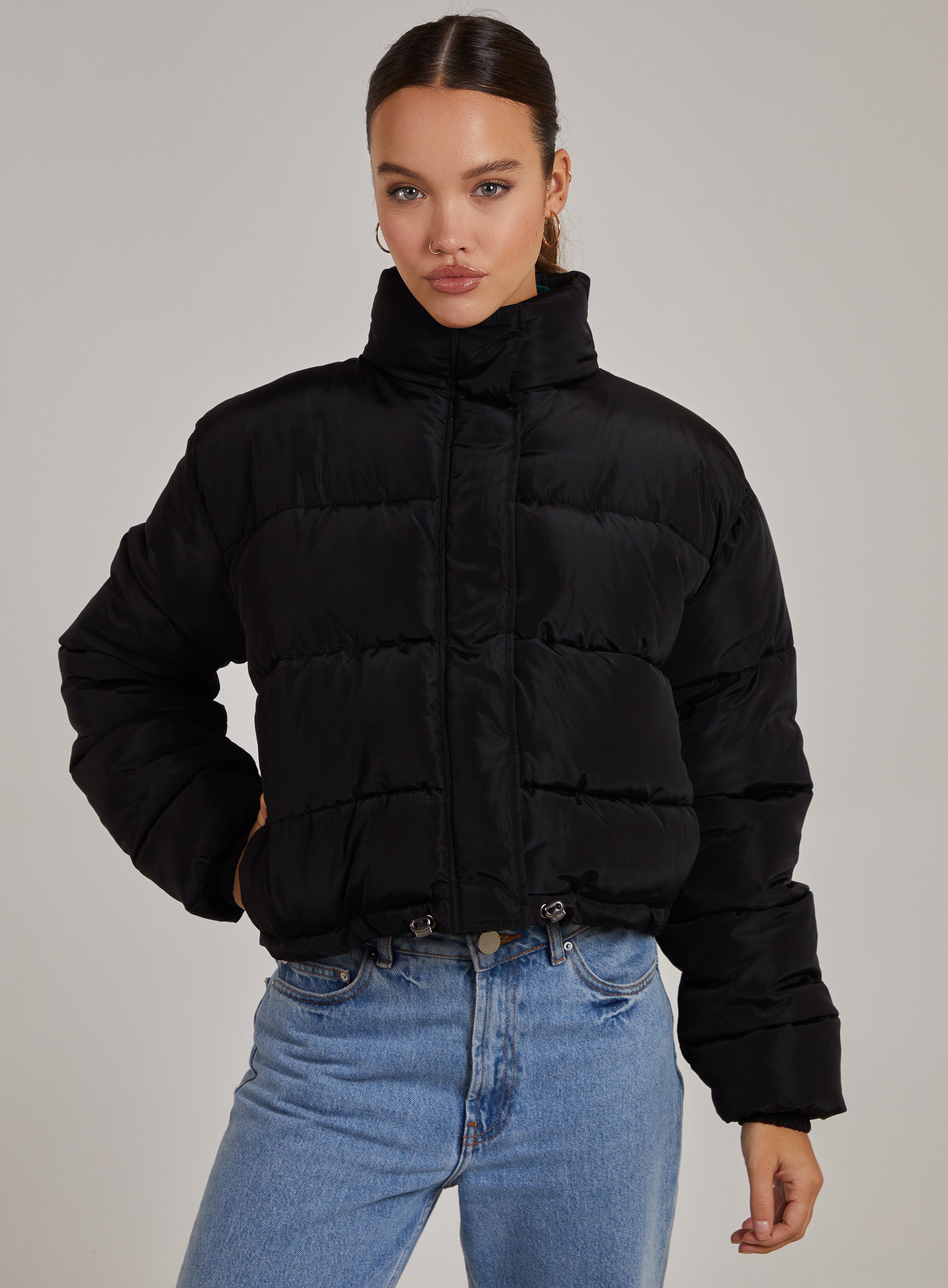 Pink Vanilla Women's Black Crop Bomber Jacket | Size: Large