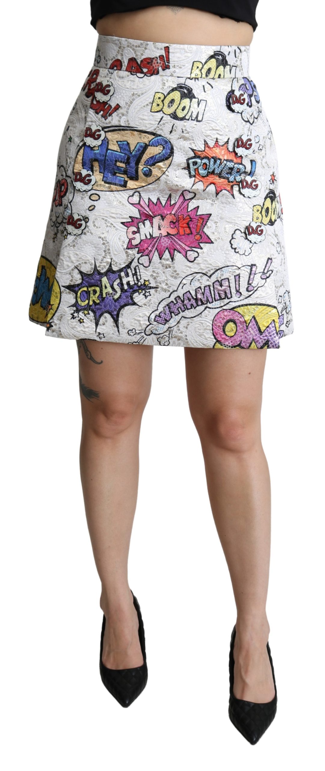 Thumbnail - Dolce & Gabbana Women's White Cartoon Brocade A-line High Waist Skirt (jupe taille haute en brocart)