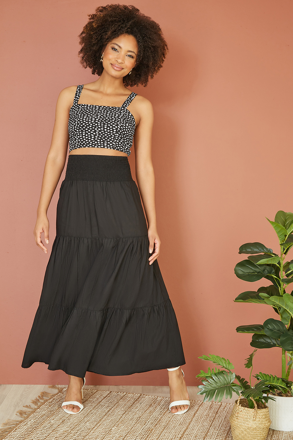 Yumi Womens Black Ruched Waist Tiered Midi Skirt Cotton - Size 8 UK