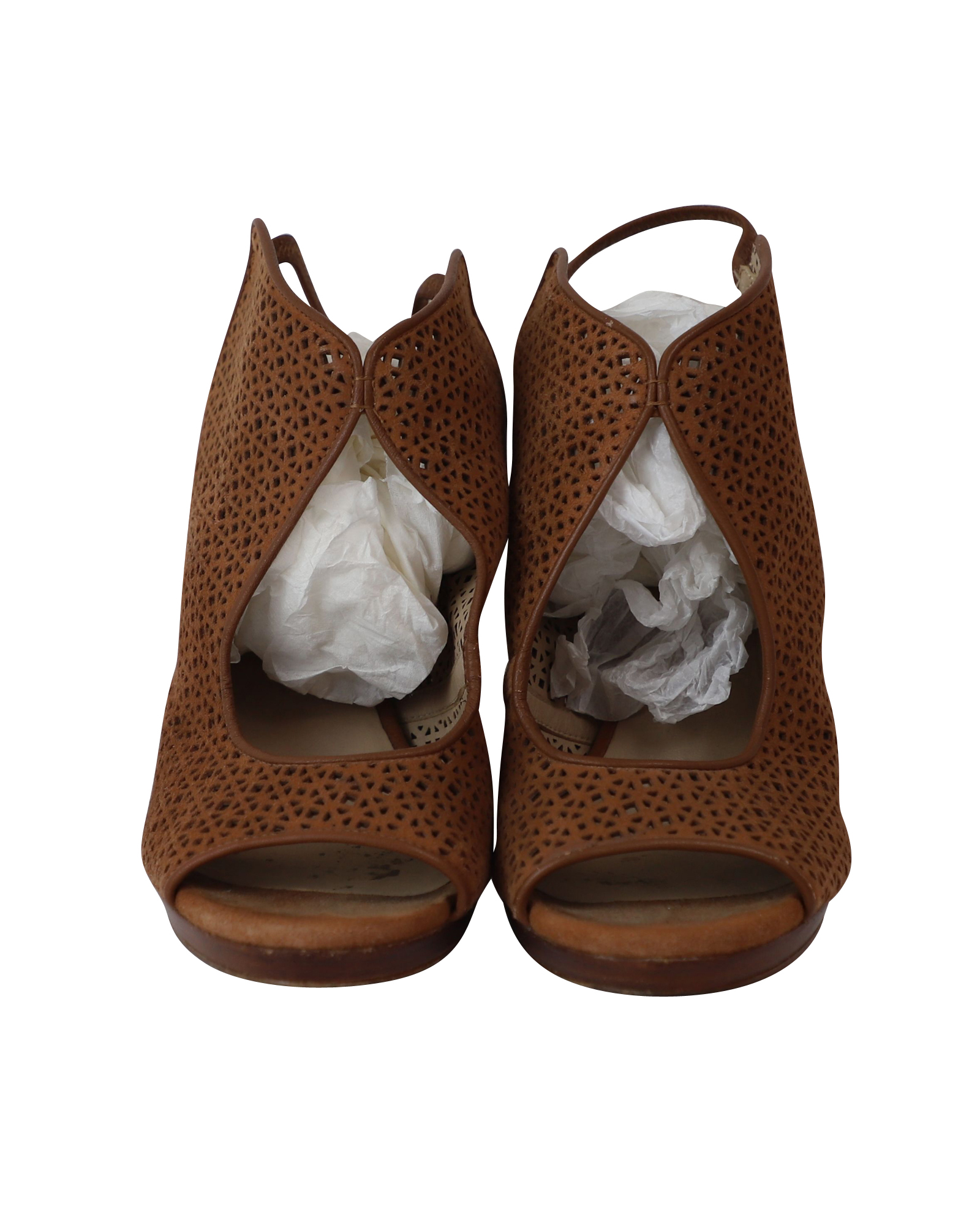Tory Burch Pre-owned Tory Burch Laser Cut Peep-Toe Sandaler i Brunt Läder dam – bild 2