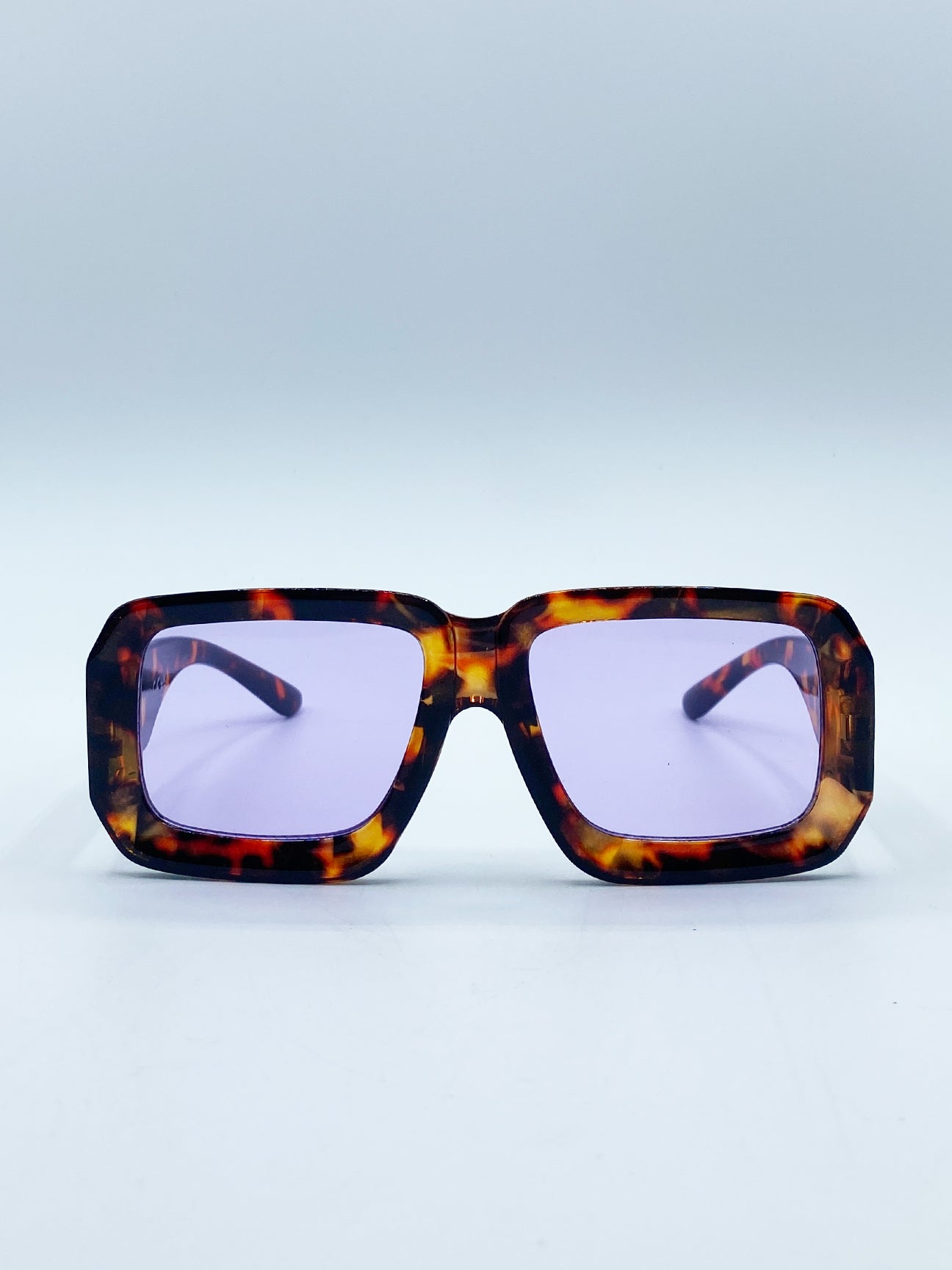SVNX Unisex Oversized Square Frame in Brown Tortoiseshell with Purple Lenses - One Size