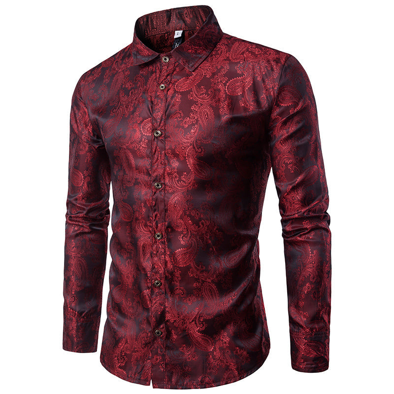 Slim Fit Broderad Maroon Paisley-skjorta