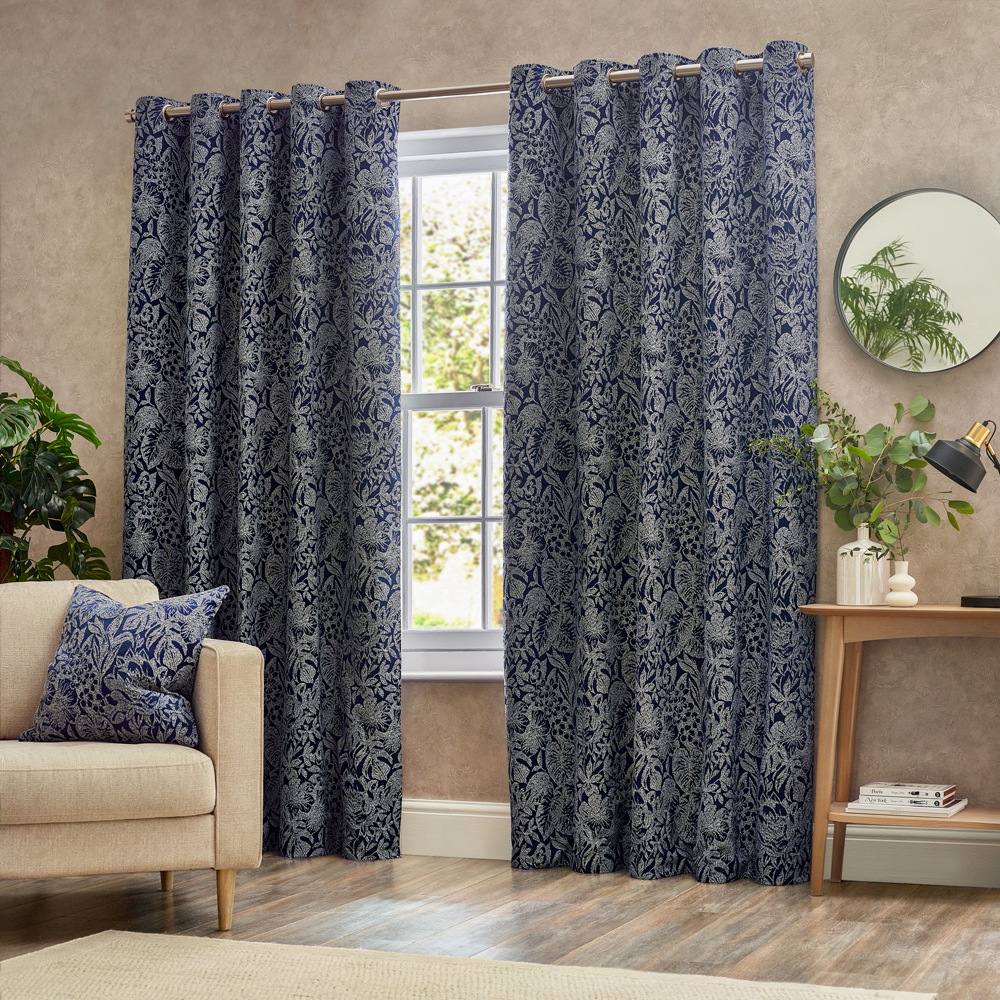 Wylder Bali Botanical Jacquard Eyelet Curtains - Blue - Size 168 Cm X 229 Cm