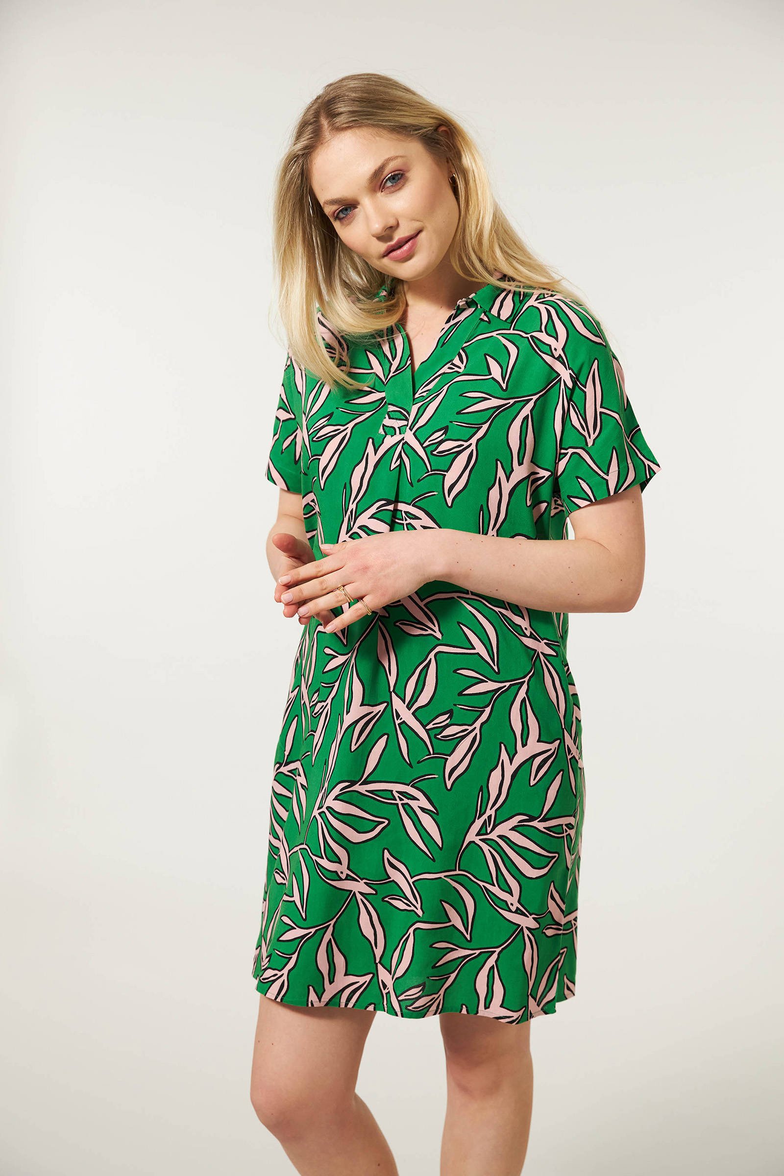 Miss Etam jurk Helena met bladprint en plooien groen/ roze