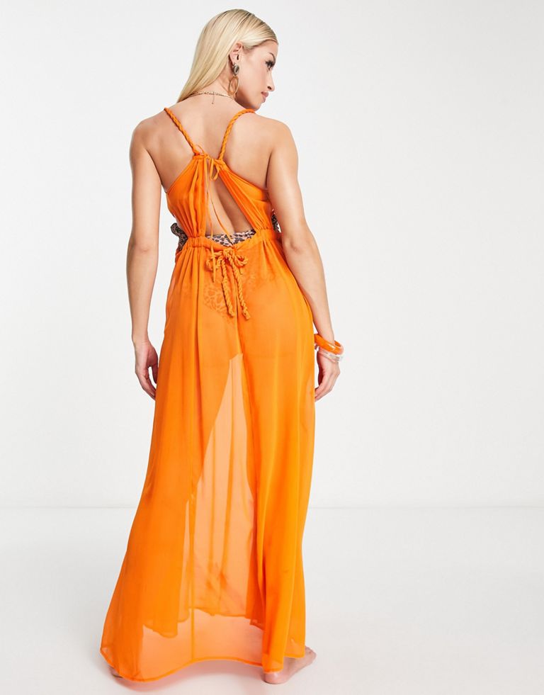 ASOS DESIGN Maternity plunge sheer maxi beach dress in with rope detail