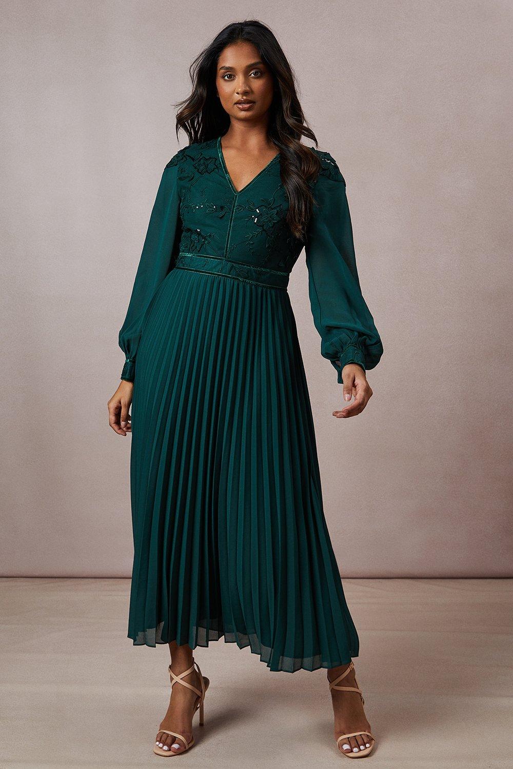 Oasis Womens Occasion Floral Organza Pleated Midi Dress - Green - Size 8 UK