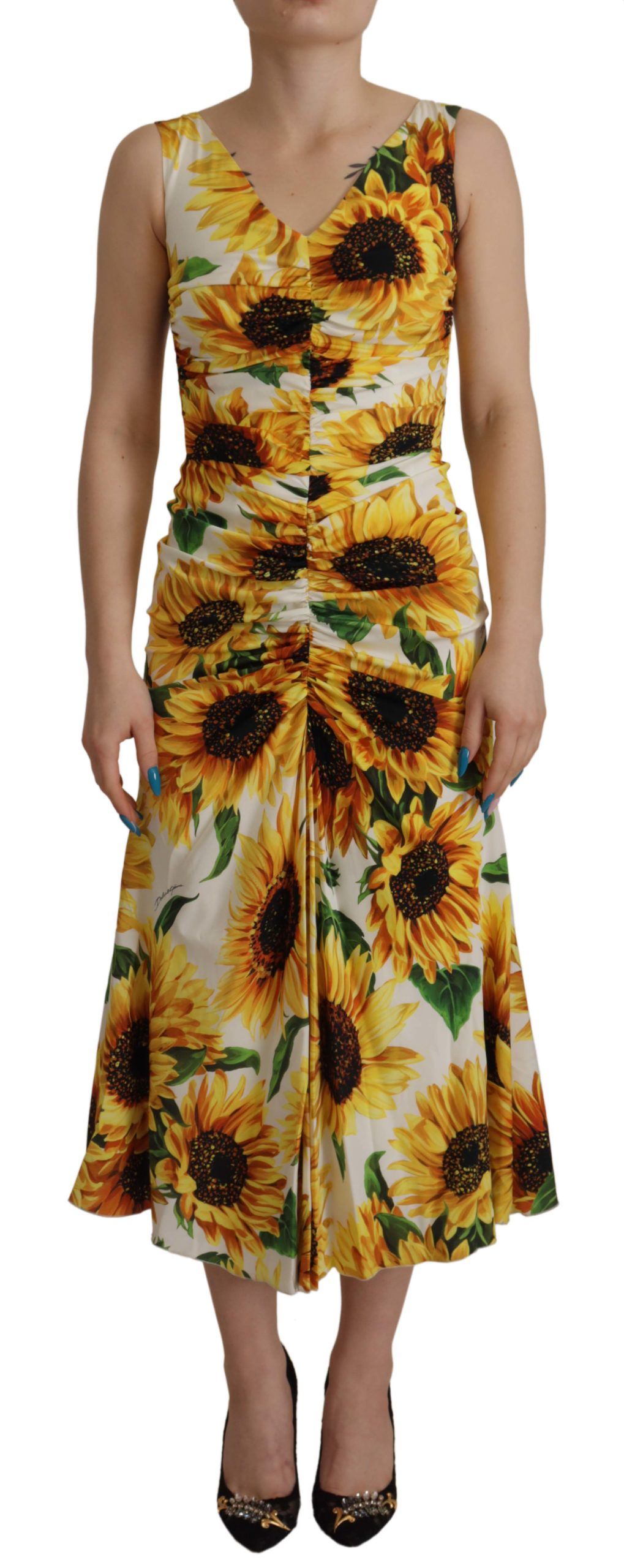 Dolce & Gabbana White Sunflower Print Sheath Midi Womens Silk – Size 2XS