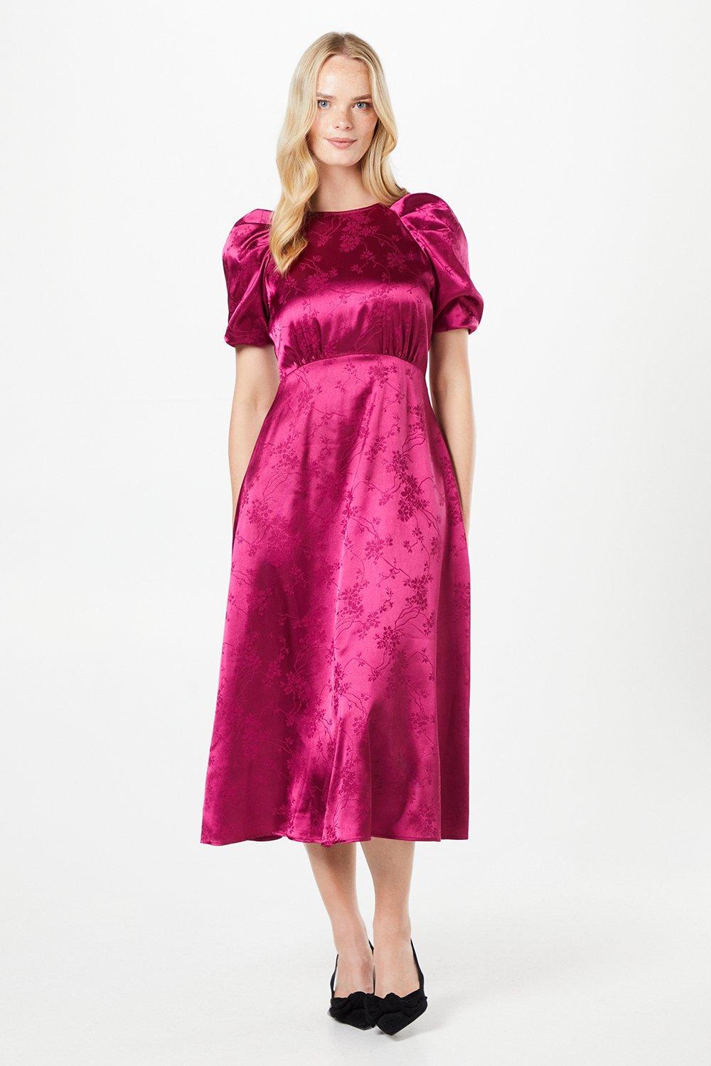 Oasis Womens Pleat Sleeve Jacquard Satin Midi Dress - Wine - Size 12 UK