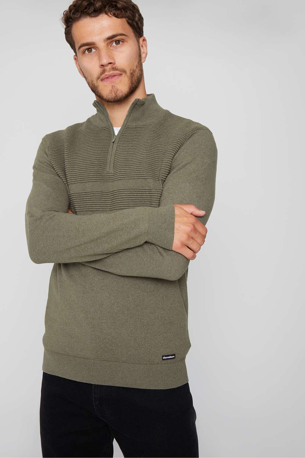 Threadbare Mens Khaki 'Foxwood' Rib Detail Crew Neck Quarter Zip Jumper - Size Small