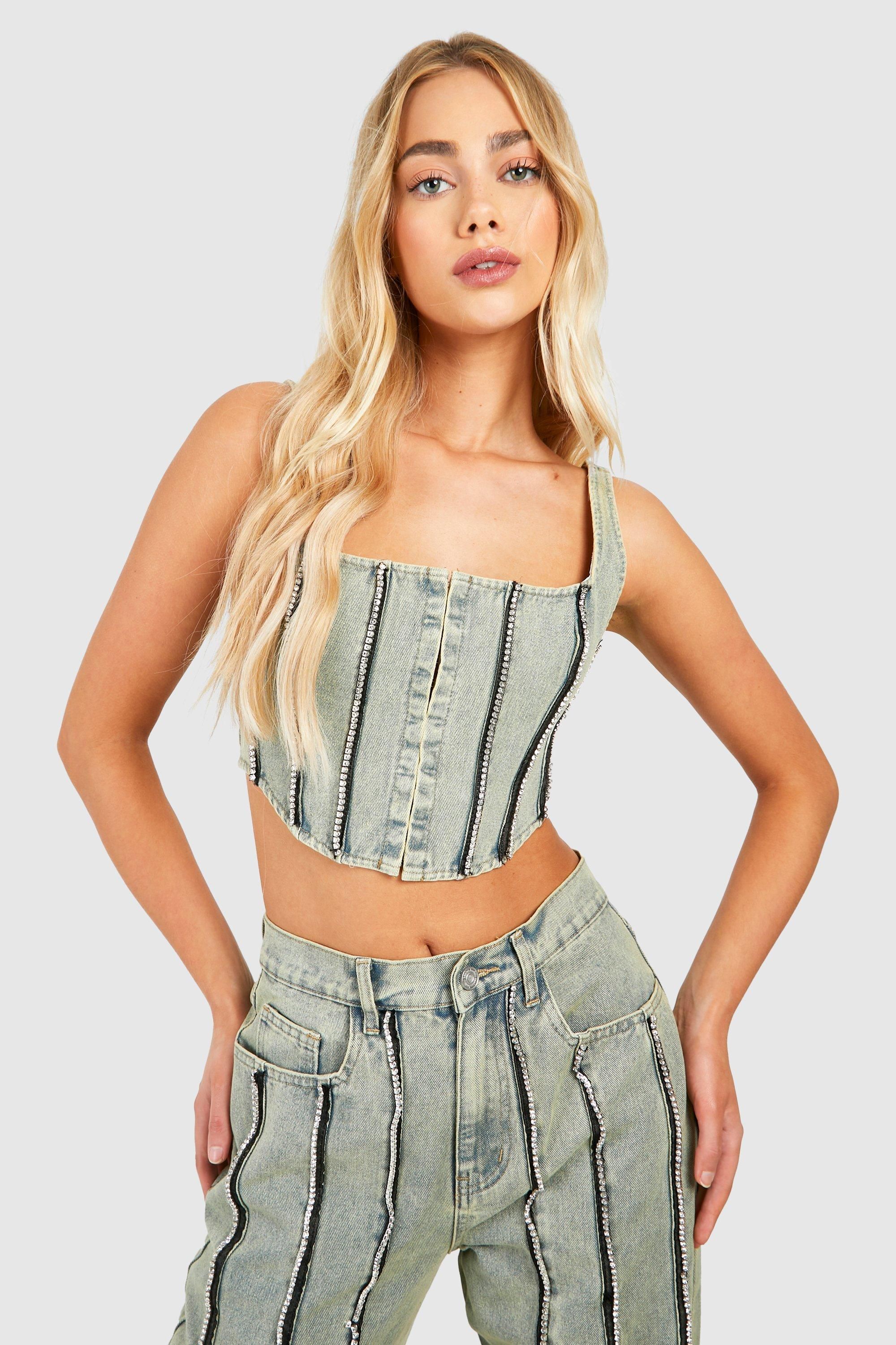 Boohoo Womens Diamante Detail Dirty Wash Denim Corset Top - Blue Cotton - Size 16 UK
