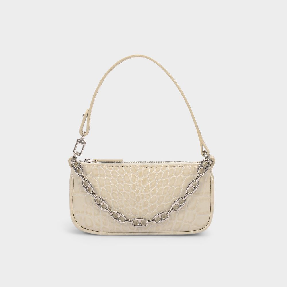 By Far Mini Rachel tas in leer met krokodillenmotief Crème