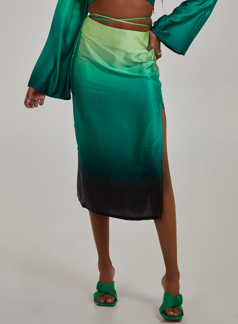 Pink Vanilla Womens Tie Waist Ombre Split Hem Midi Skirt - Green - Size 6 UK