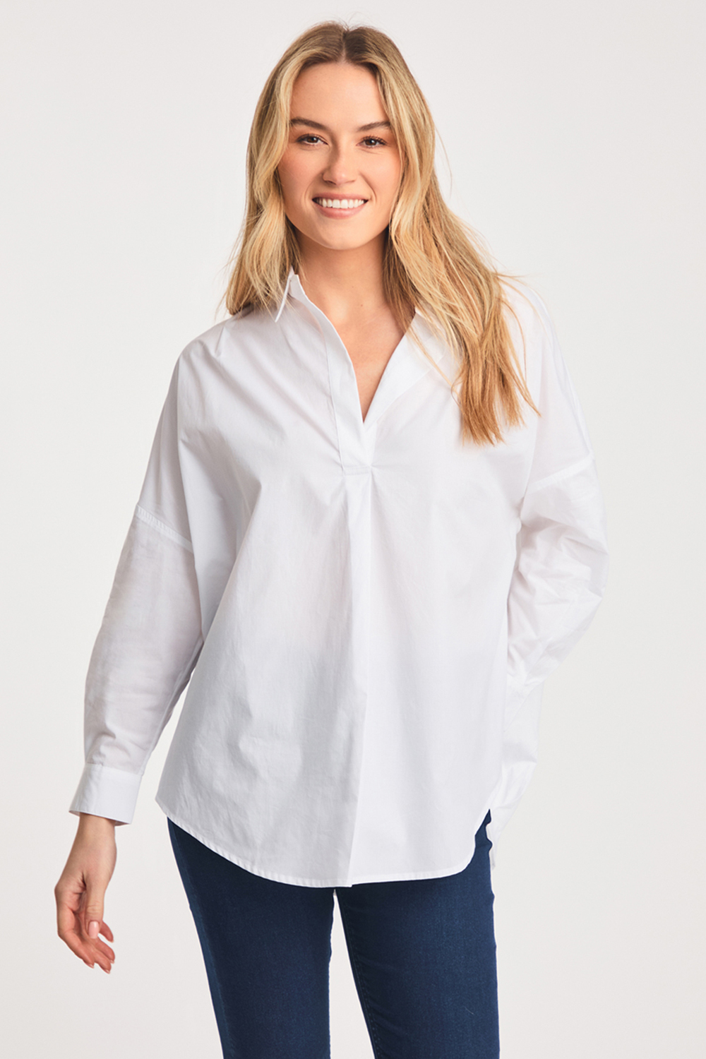 French Connection Womens White Cotton Long Sleeve Poplin Popover High-Low Hem Shirt - Size 16 UK