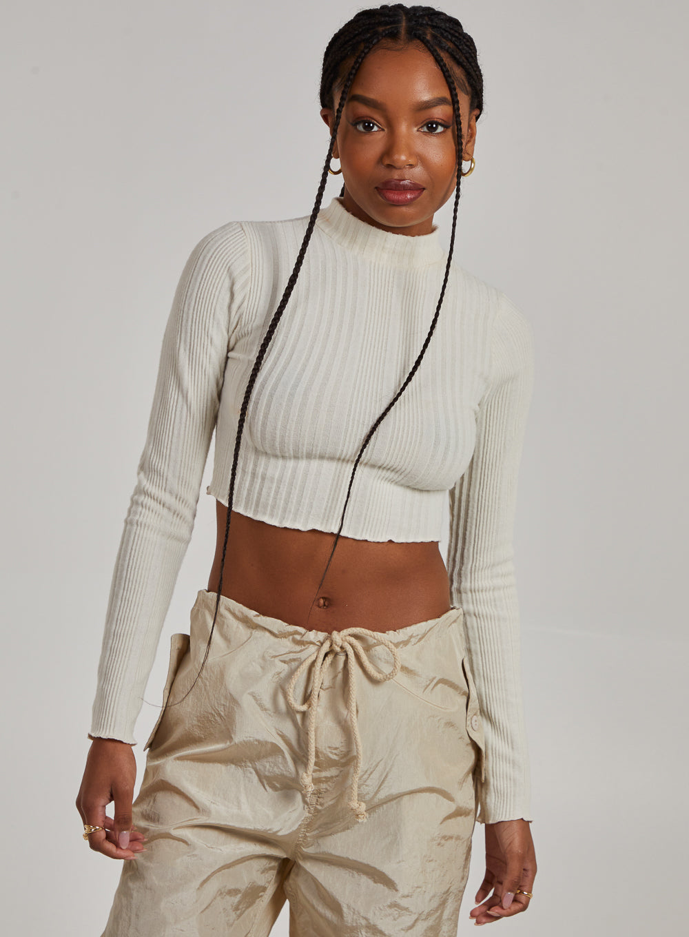 Pink Vanilla Womens Wide Brushed Ribbed Lettuce Hem Long Sleeve Crop Top - Ivory - Size Large