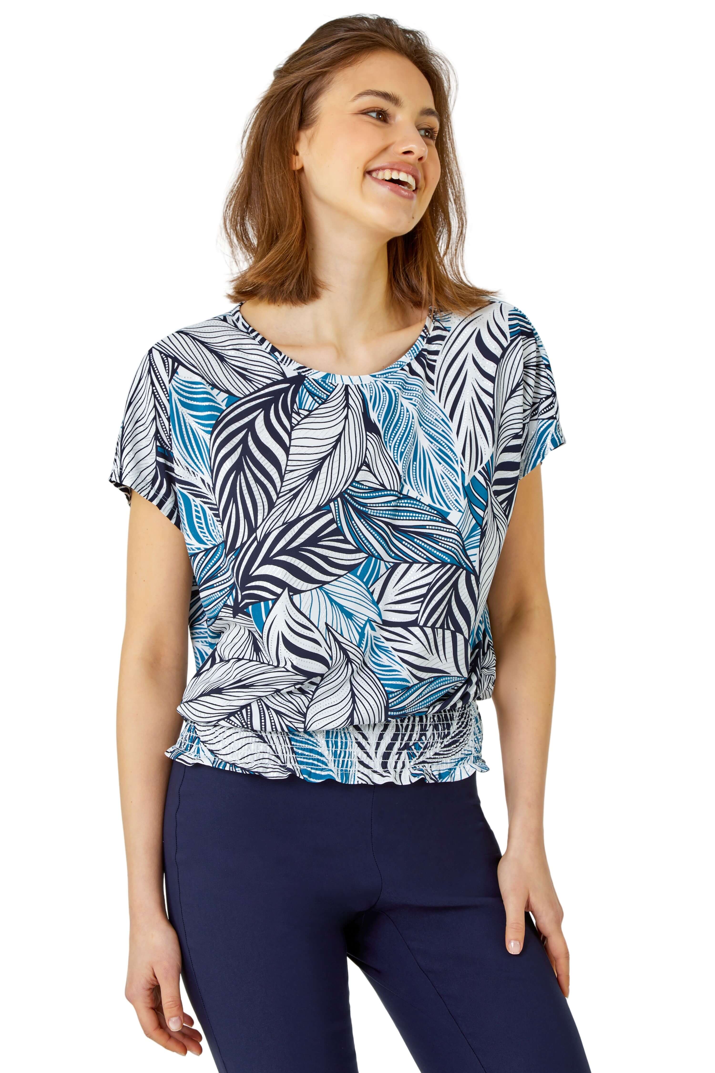 Roman Womens Metallic Leaf Print Stretch Top - Blue - Size 20 UK