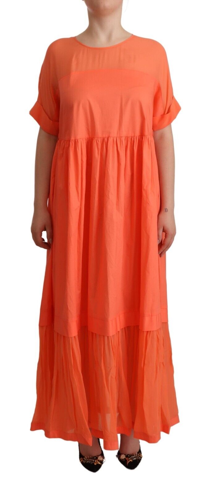 Twinset Damen Korallen Kurzarm Baumwoll Maxi Shift Kleid