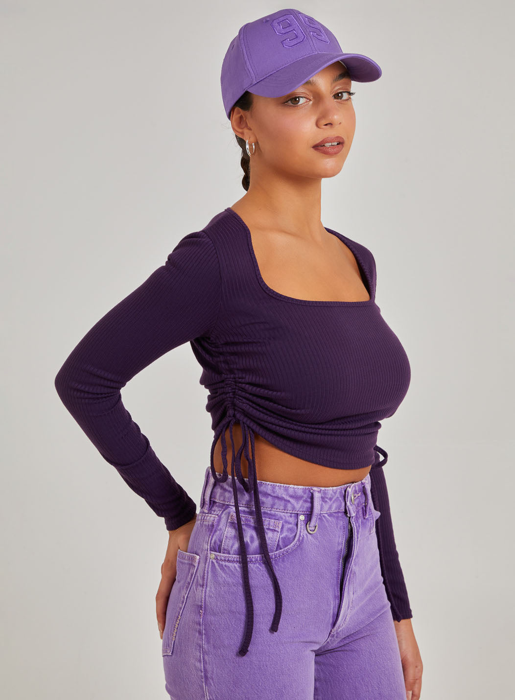 Pink Vanilla Womens Gathered Ribbed Long Sleeve Top - Purple - Size Small