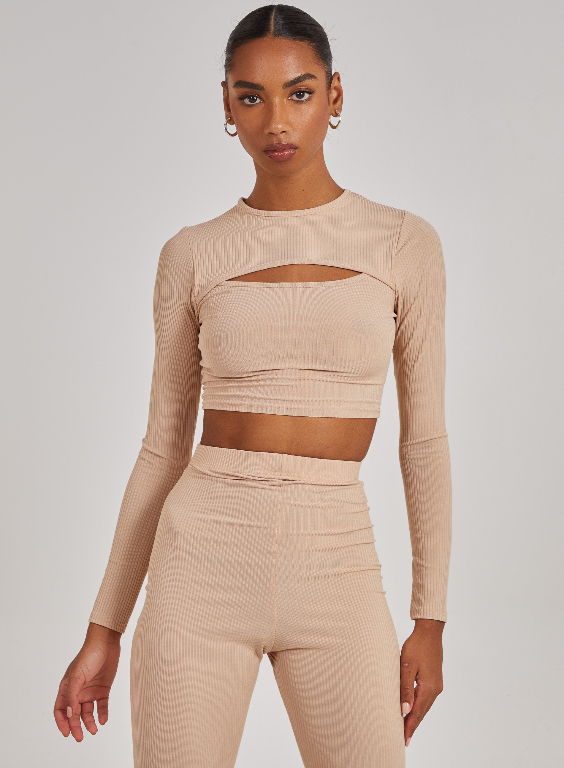 Pink Vanilla Womens Ribbed Long Sleeve Letterbox Top - Stone - Size 12 UK