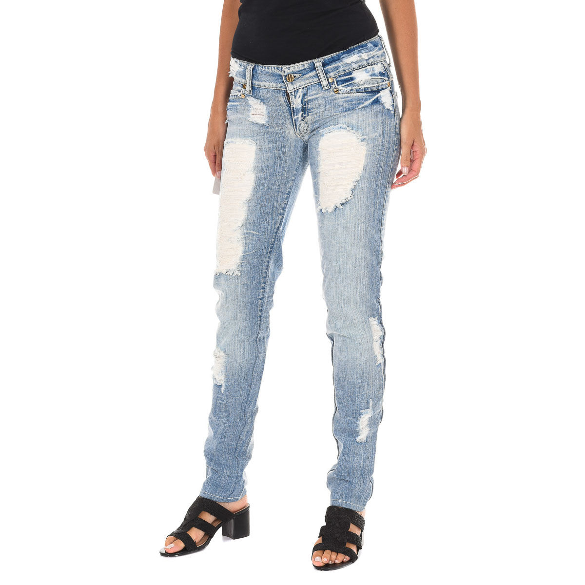 Thumbnail - Lange Hose aus Denim mit Chiffon D012929-D024 Frau