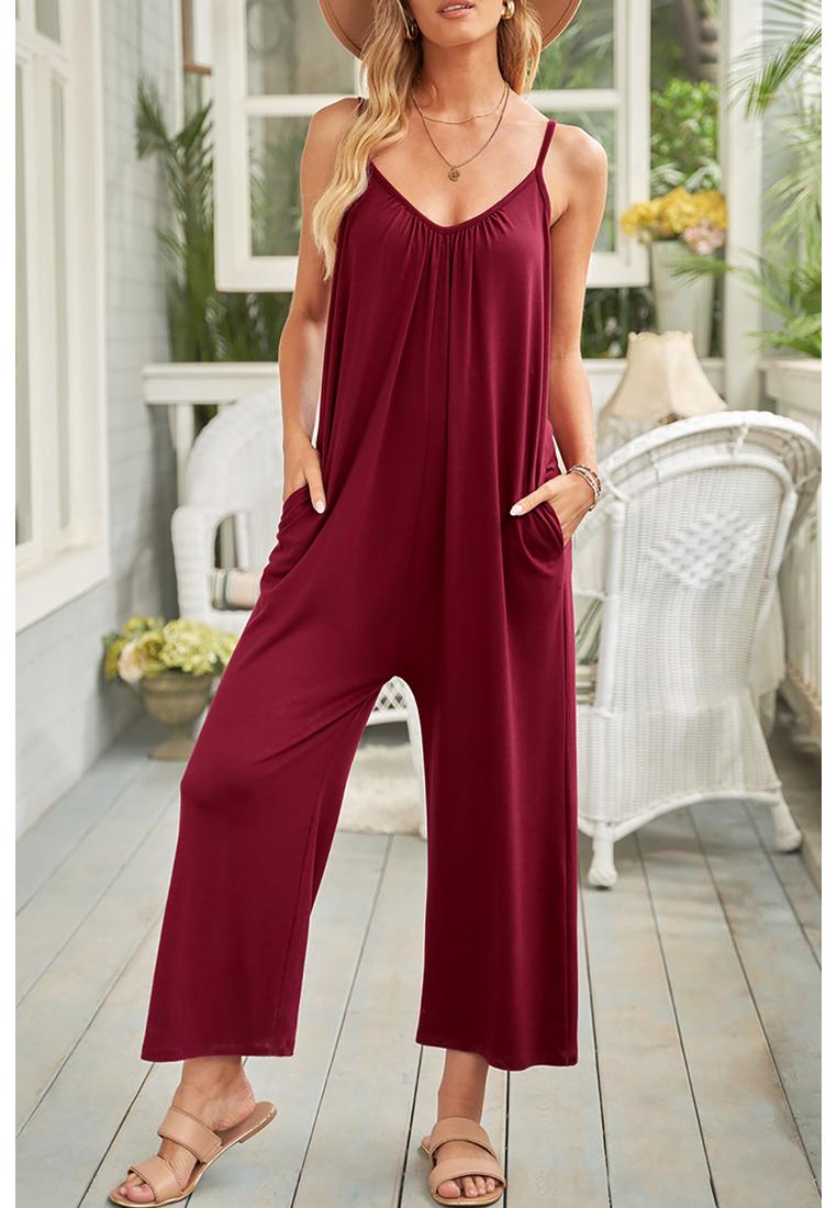 Thumbnail - Azura Exchange Damen Jumpsuit mit weitem Bein und Taschen in Rot
