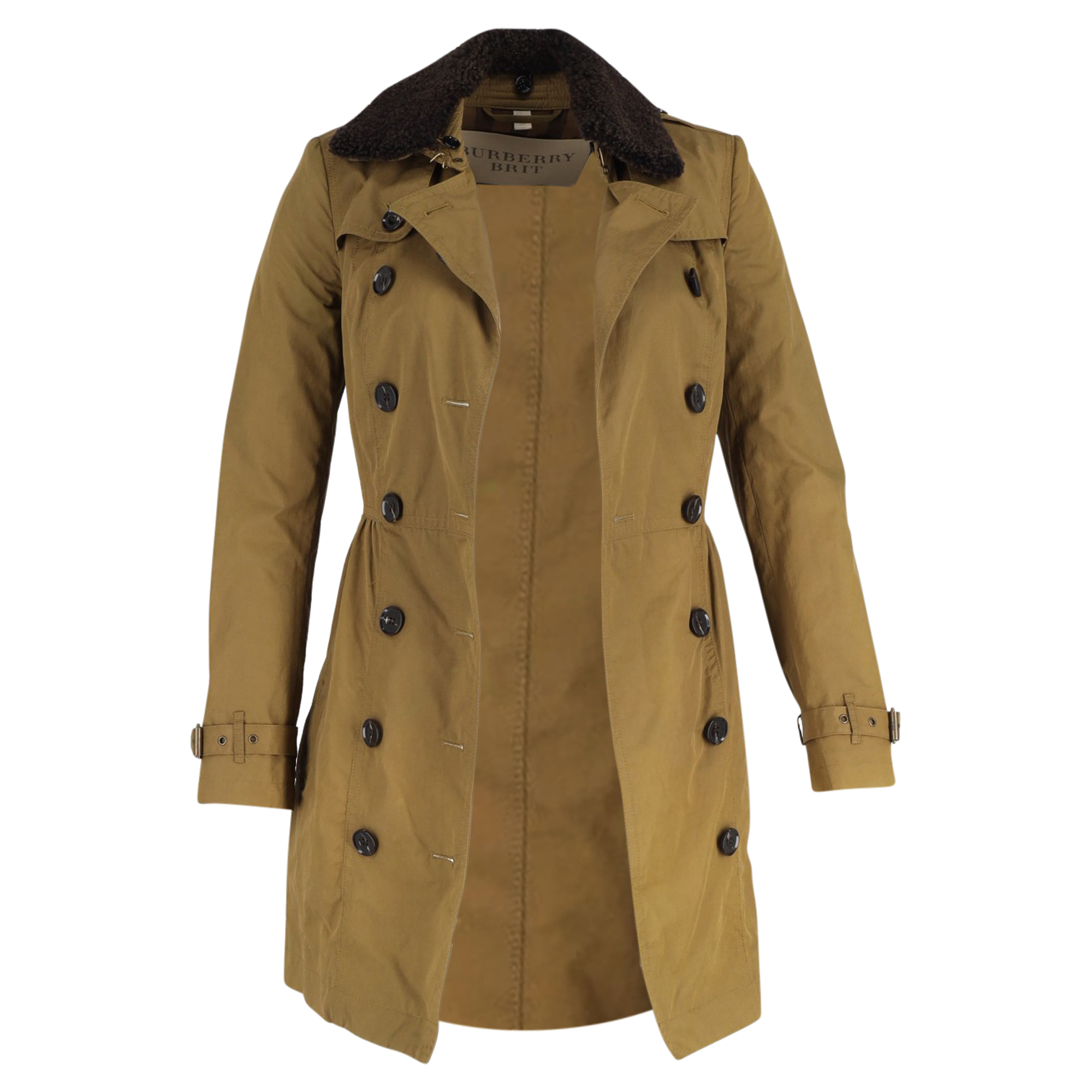 Burberry Pre-owned Womens Brit Long Shearling Collar Trench Coat in Olive Cotton – Mocha – Size 4 UK
