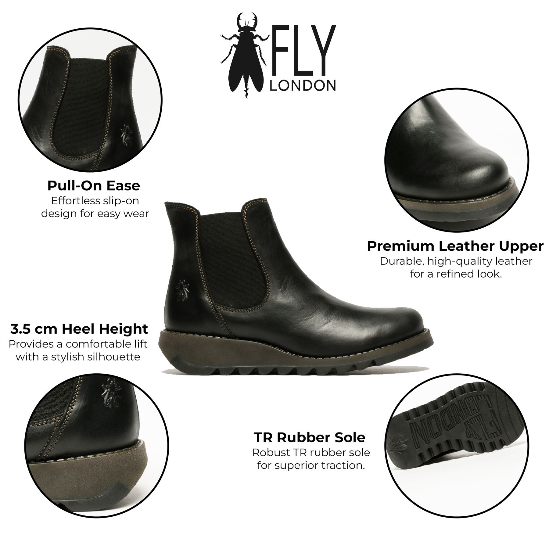 Fly London Womens Black SALV Chelsea Leather Ankle Casual Wedge Heel Boots dam – bild 2