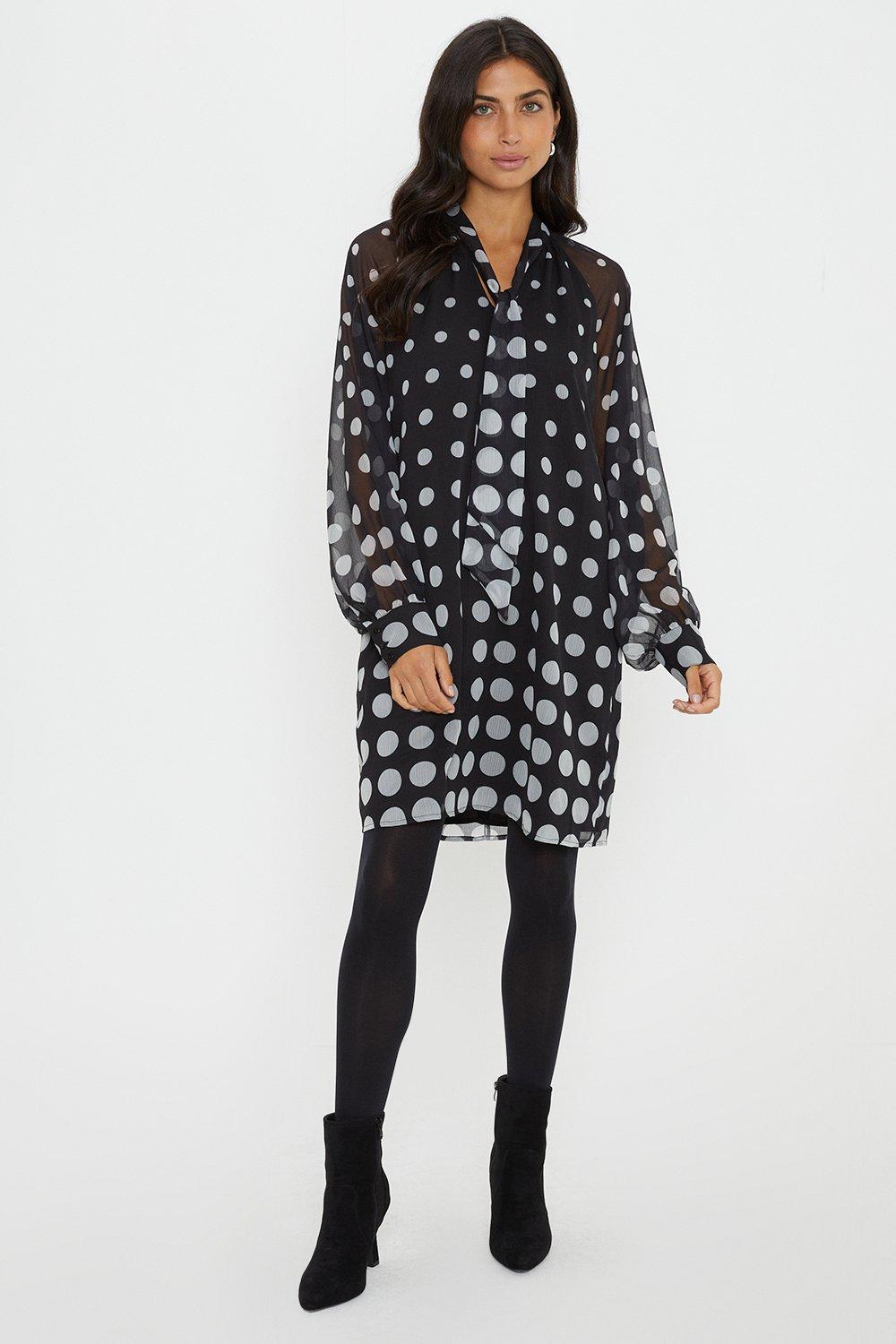 Wallis Womens Spot Tie Neck Balloon Sleeve Shift Dress - Black - Size 10 UK