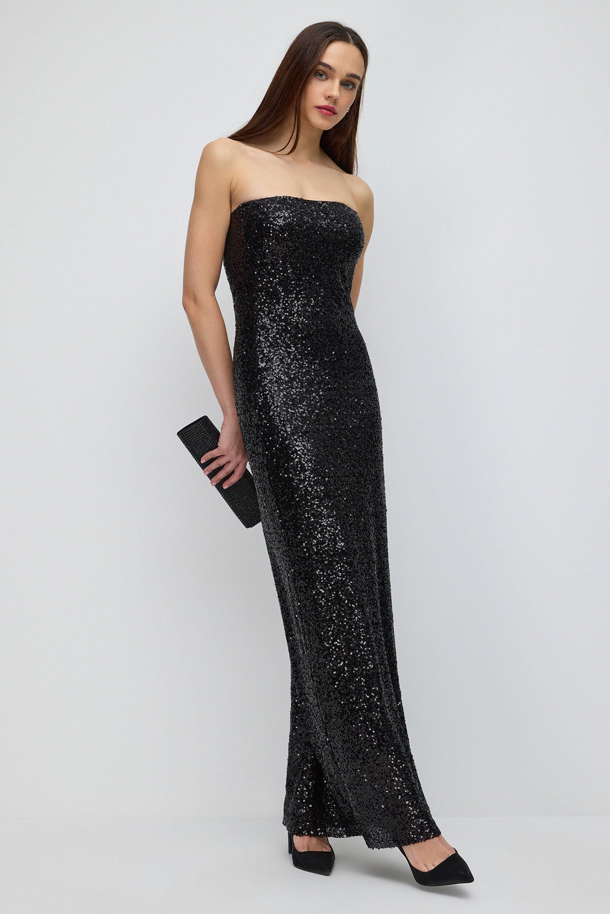 Thumbnail - Schulterfreies Maxikleid aus Payet-Stoff